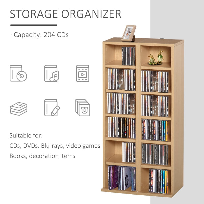 CD Media Display Shelf Unit Set of 2, 204 Capacity Adjustable Shelves, Natural Wood Colour