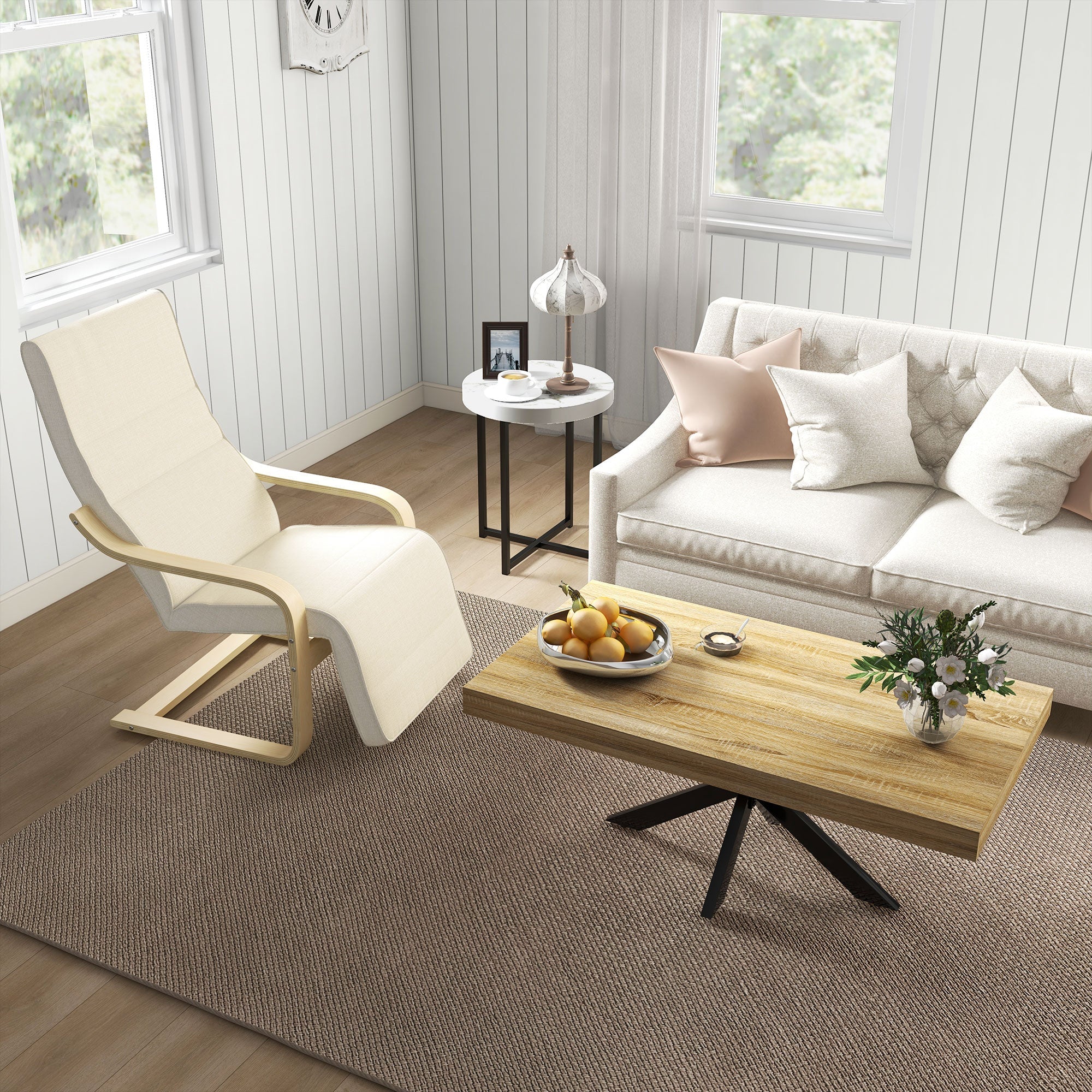Recliner Chair, Rocking Relaxing with Adjustable Footrest, Birch Wood Cream White