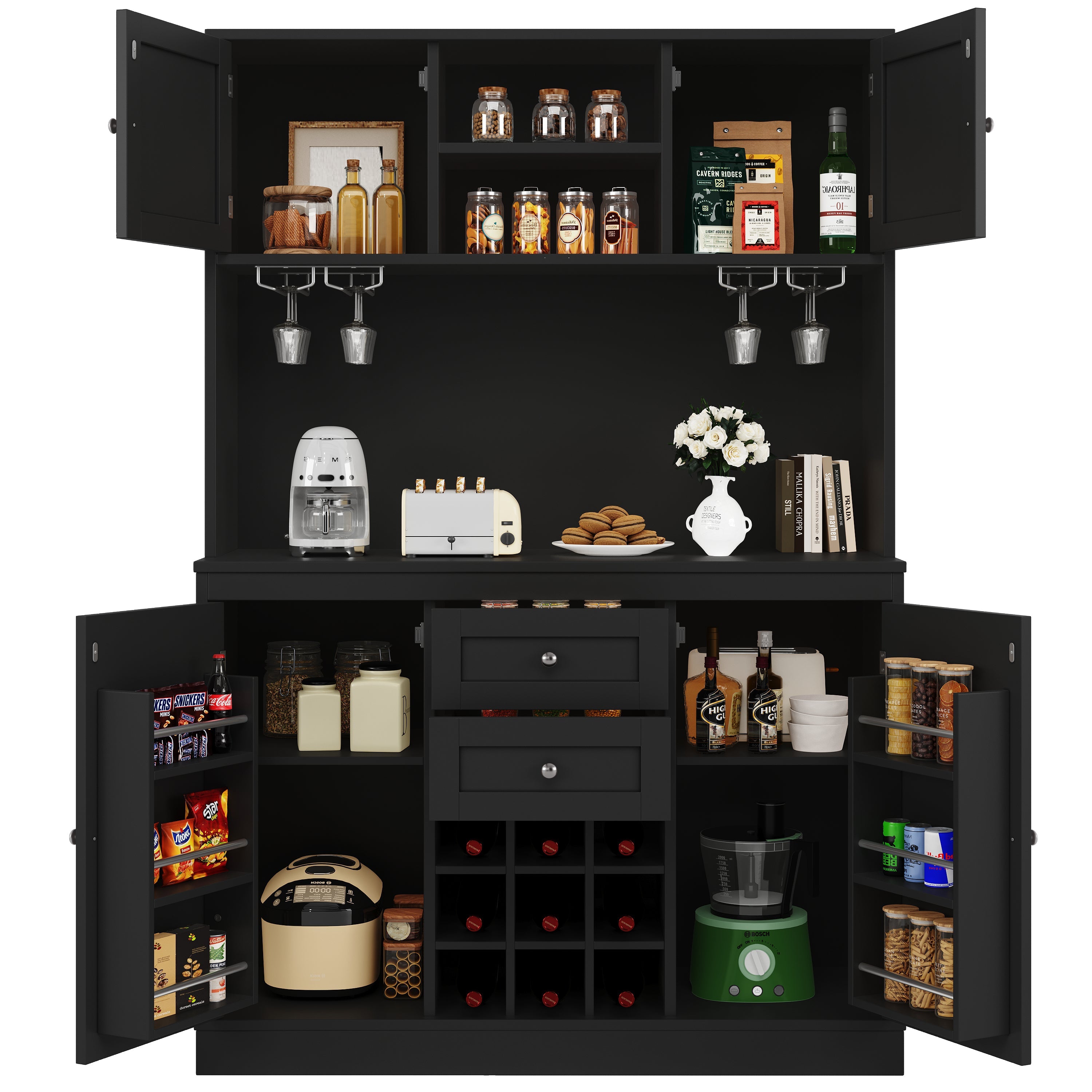 Kitchen Buffet Cabinet with 4 Doors and 2 Drawers, Adjustable Shelves and Wine Rack, Black