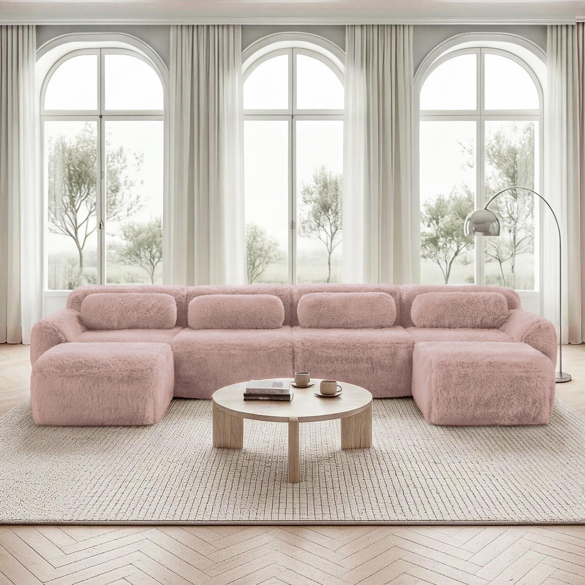 U-Shaped Modular Sofa No Assembly Plush Fabric - Pink