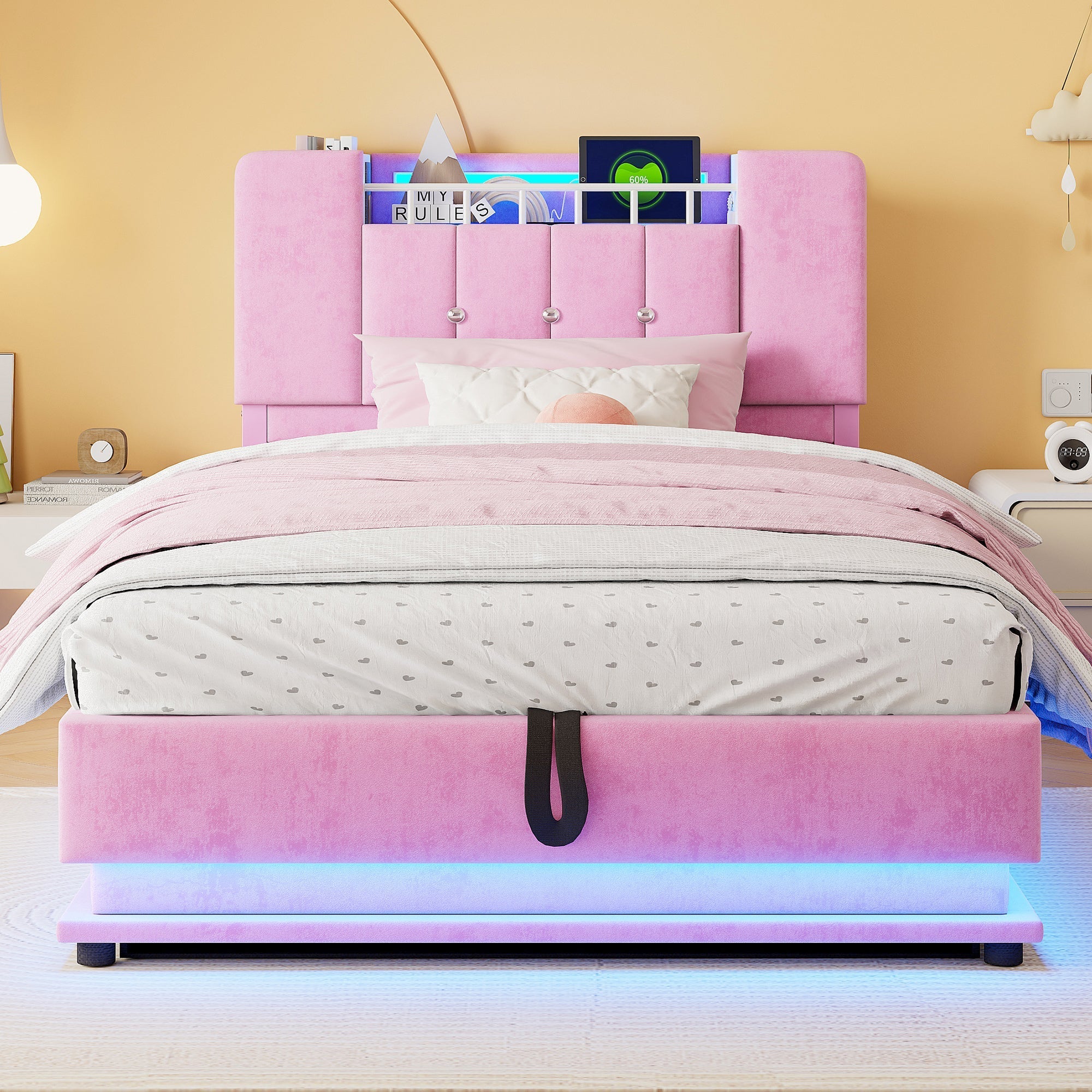 Smart Upholstered Bed for Children with LED, USB, and Hydraulic Storage, Pink Velvet