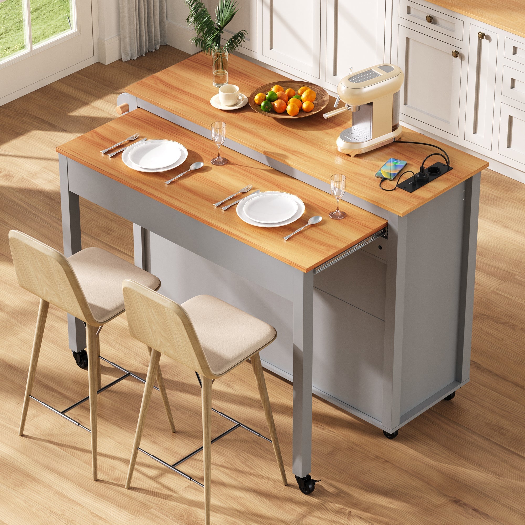 Kitchen Island on Wheels Extendable Worktop Waste Bin Power Strips - Grey
