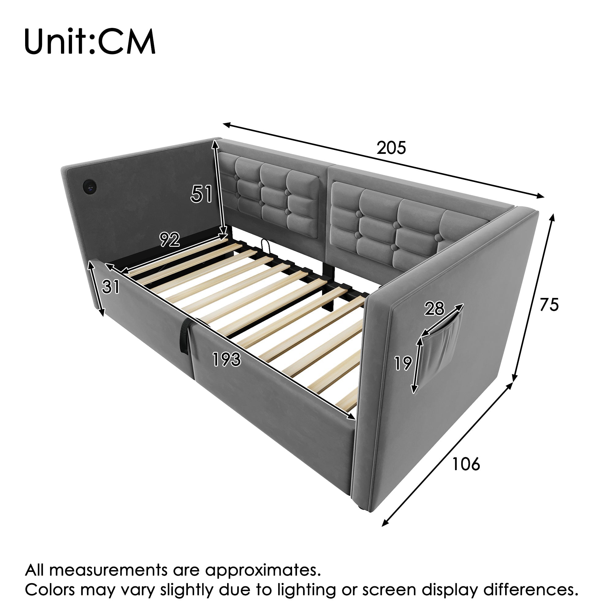 Daybed Upholstered Bed 90 x 190 cm 3FT Single Sofa Bed with Charging Station, Hydraulic Storage, Velvet Grey (No Mattress)