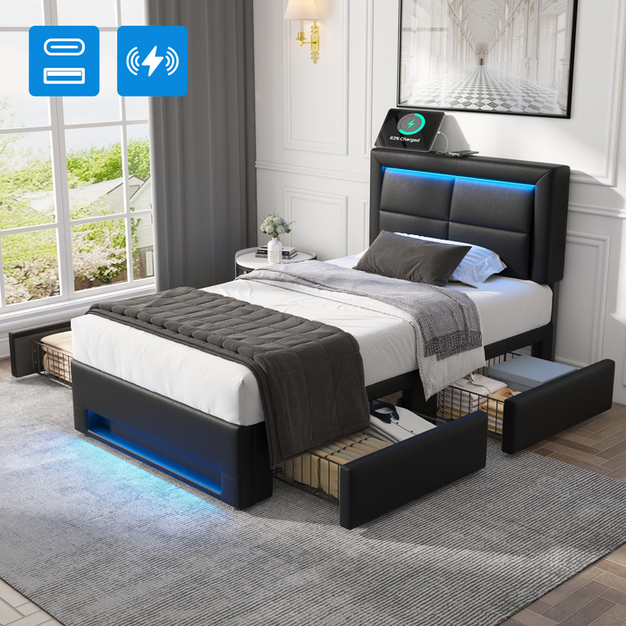 Upholstered Bed 90x200cm LED USB Charging 4 Drawers - Black PU Lychee