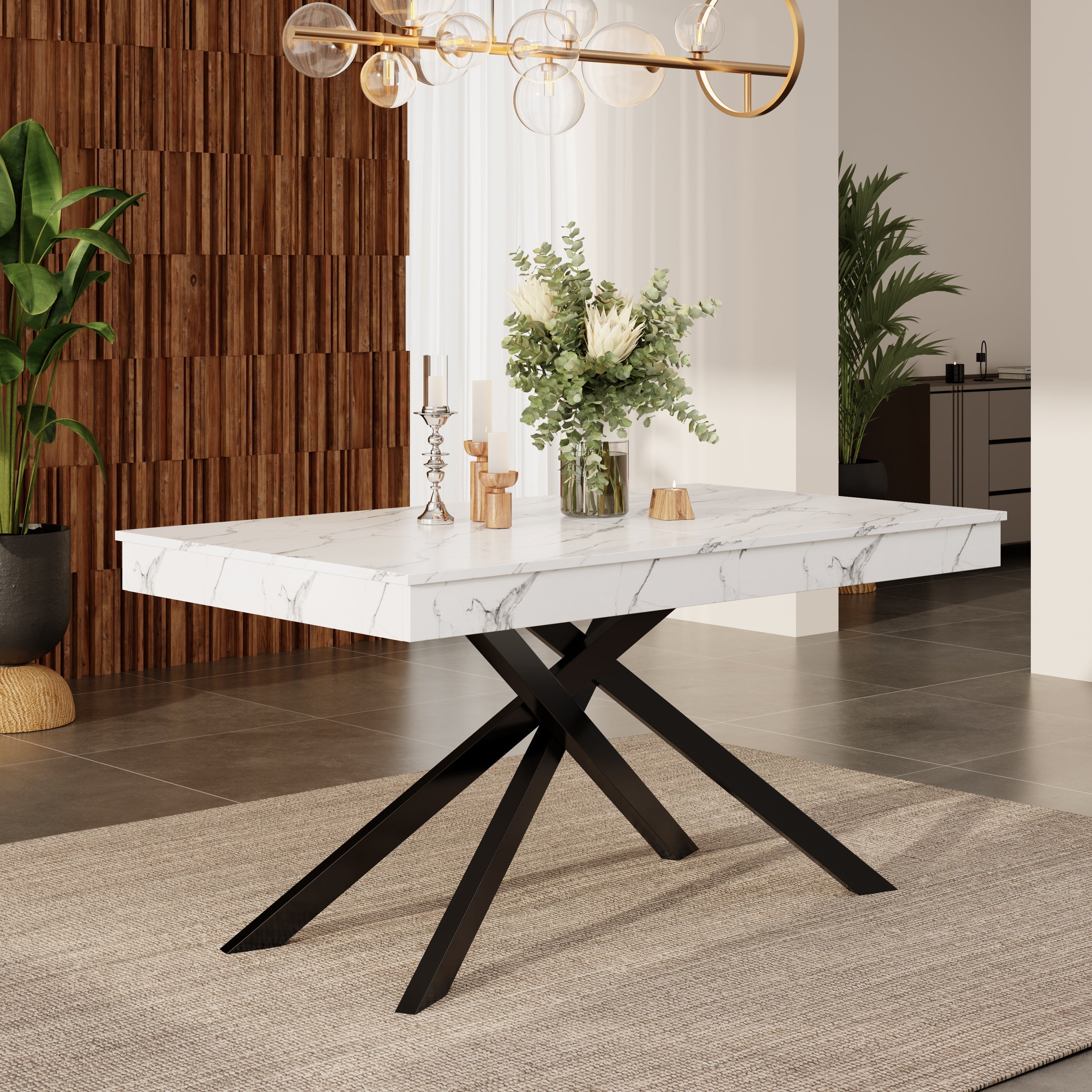 Extendable Dining Table 140/180x80cm Rectangular 6-8 Seater Metal Legs - White