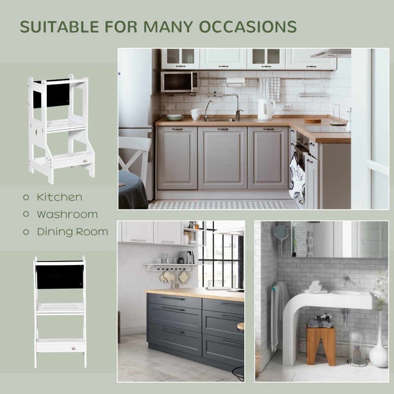 2 in 1 Kids Step Stool Safety Rail Toddler Steps Chalkboard, White