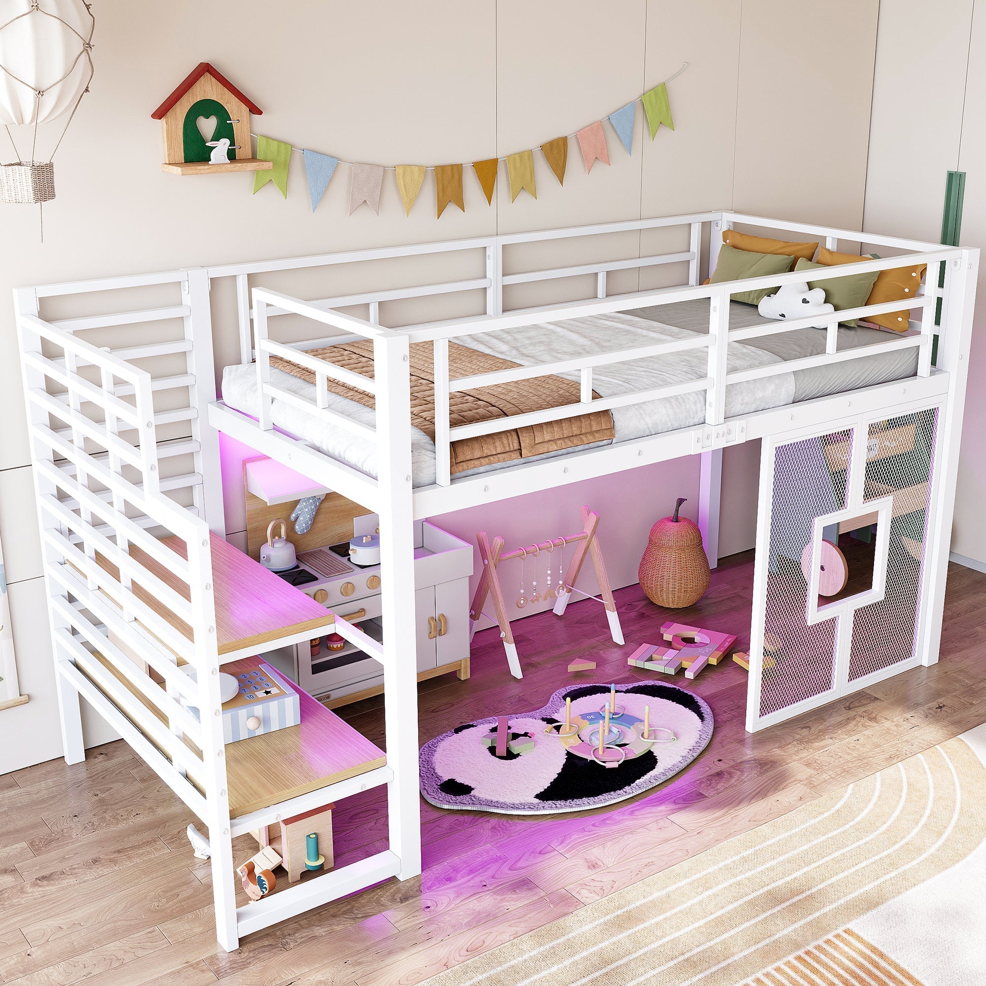 Metal Loft Bed Frame 90x200 cm with Stairs Storage and LED Lighting, White