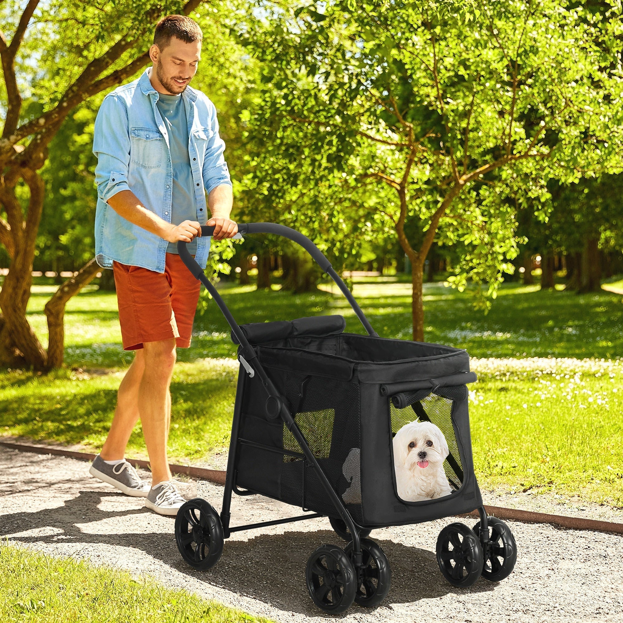 Hundebuggy, faltbarer Kinderwagen mit Netzfenster, Oxford-Gewebe Schwarz