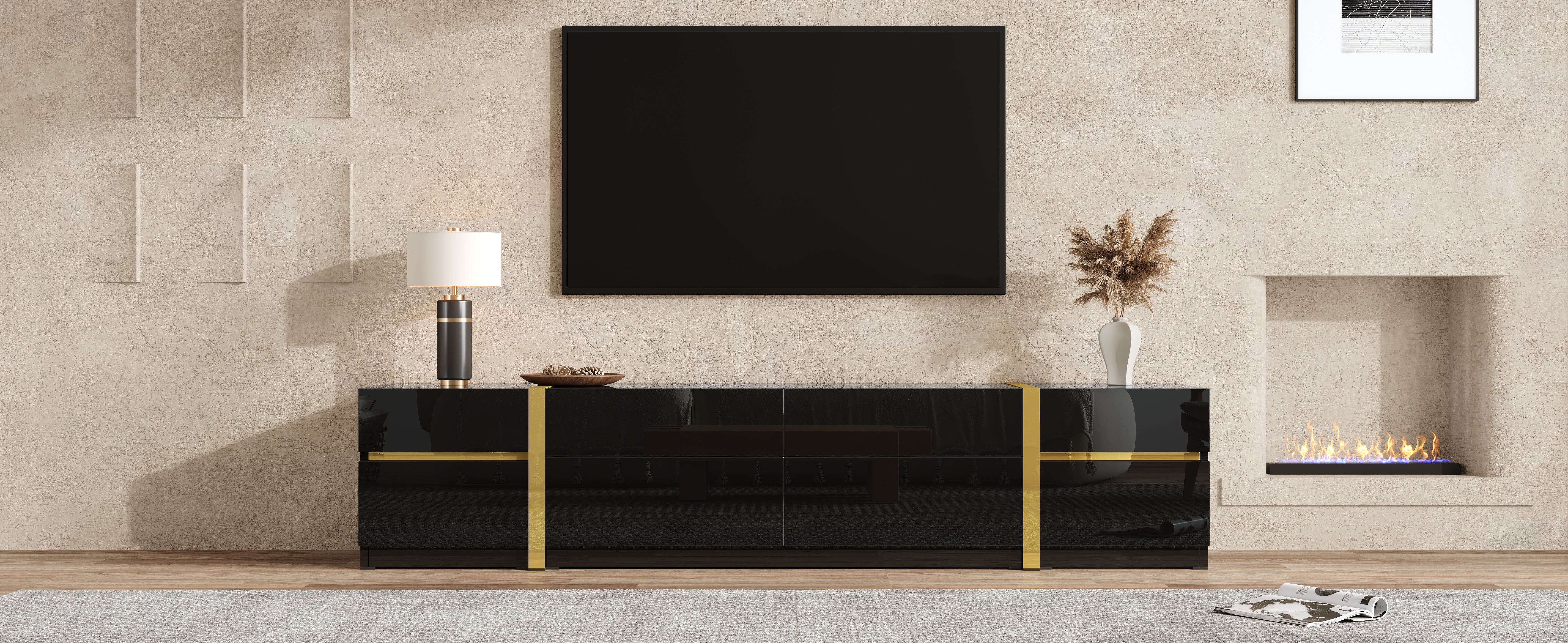 Luxurious TV Stand with Drawers and Doors, Modern High-Gloss Finish, Gold Edges