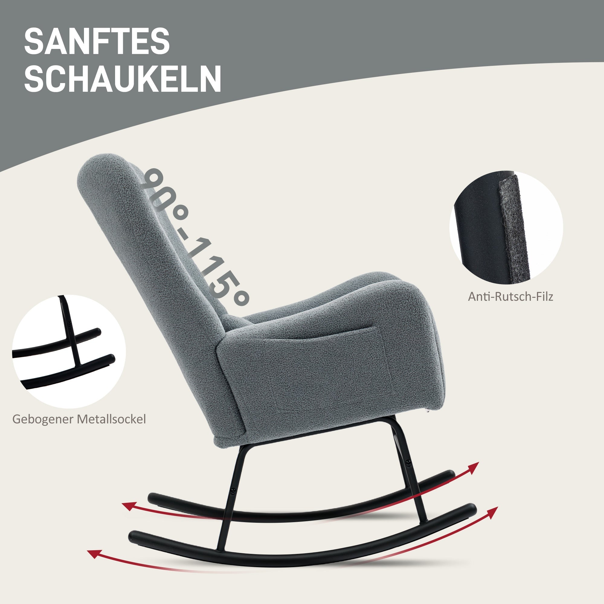 Rocking Chair, Teddy Fabric, Wooden Base, Gray