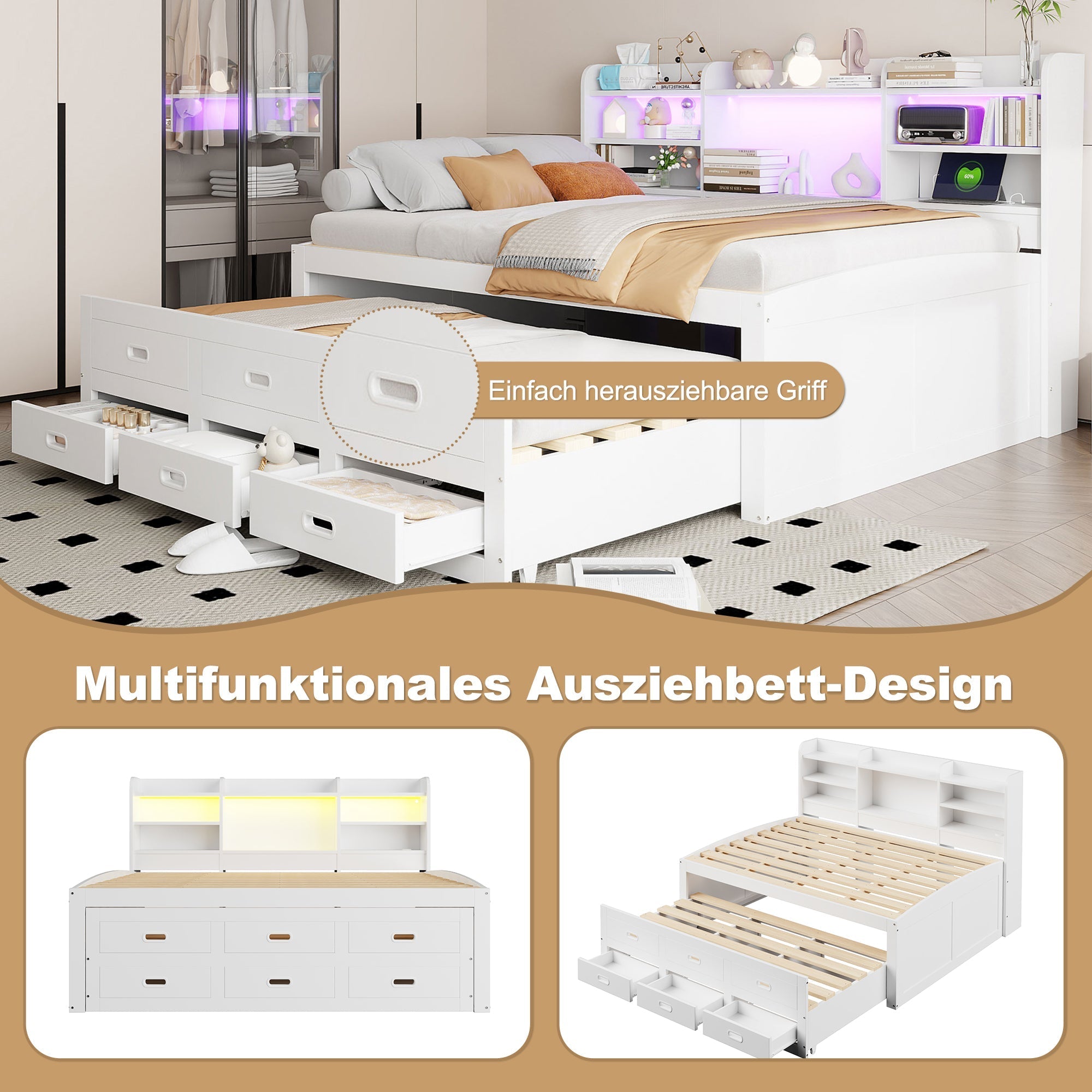 Daybed Sofa Bed 140x200cm Multifunctional Extendable with LED Lights 3 Drawers USB/Type-C White