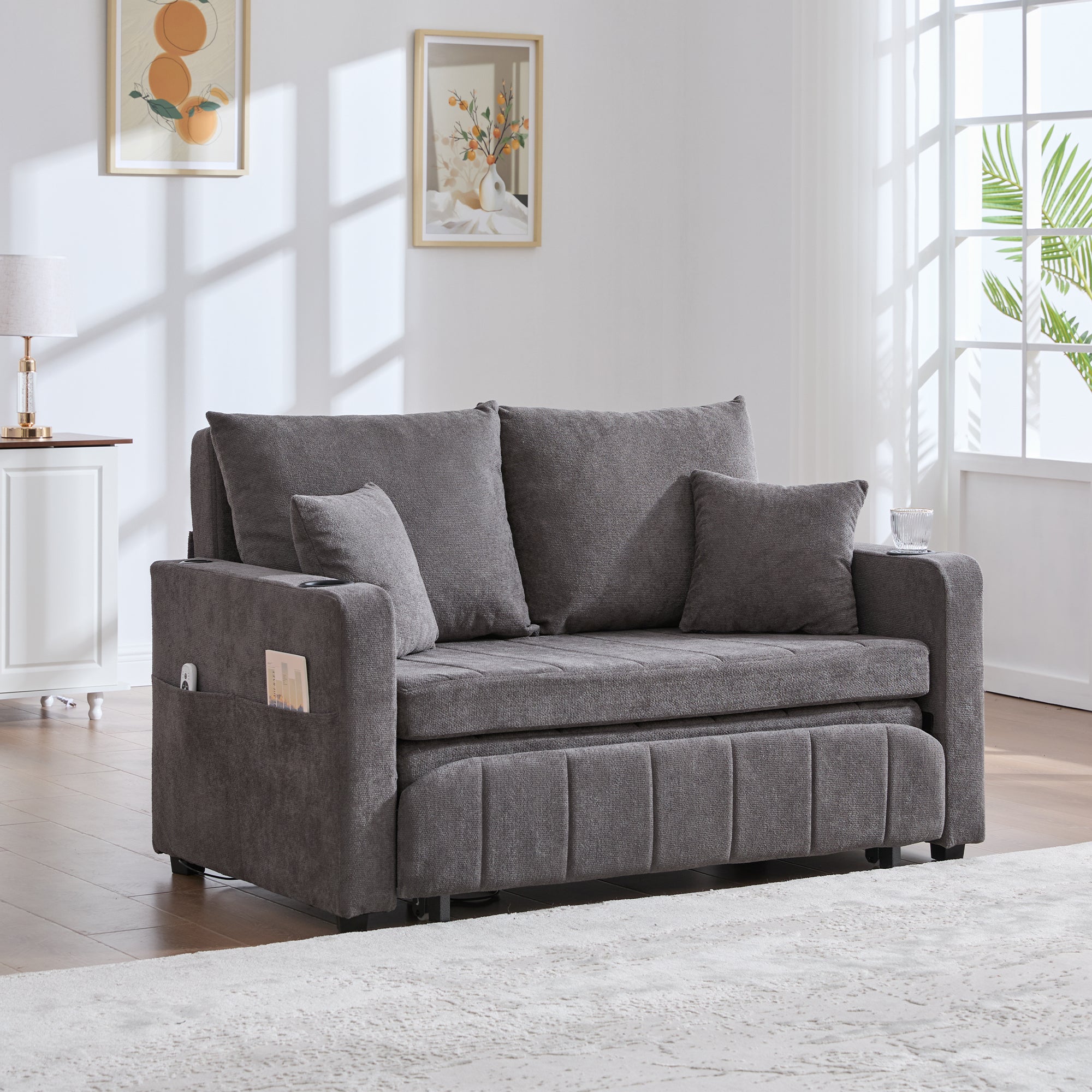 Chair, Multifunctional Folding Pull-Out Sofa with Storage, USB Charging, Cup Holder, Fabric