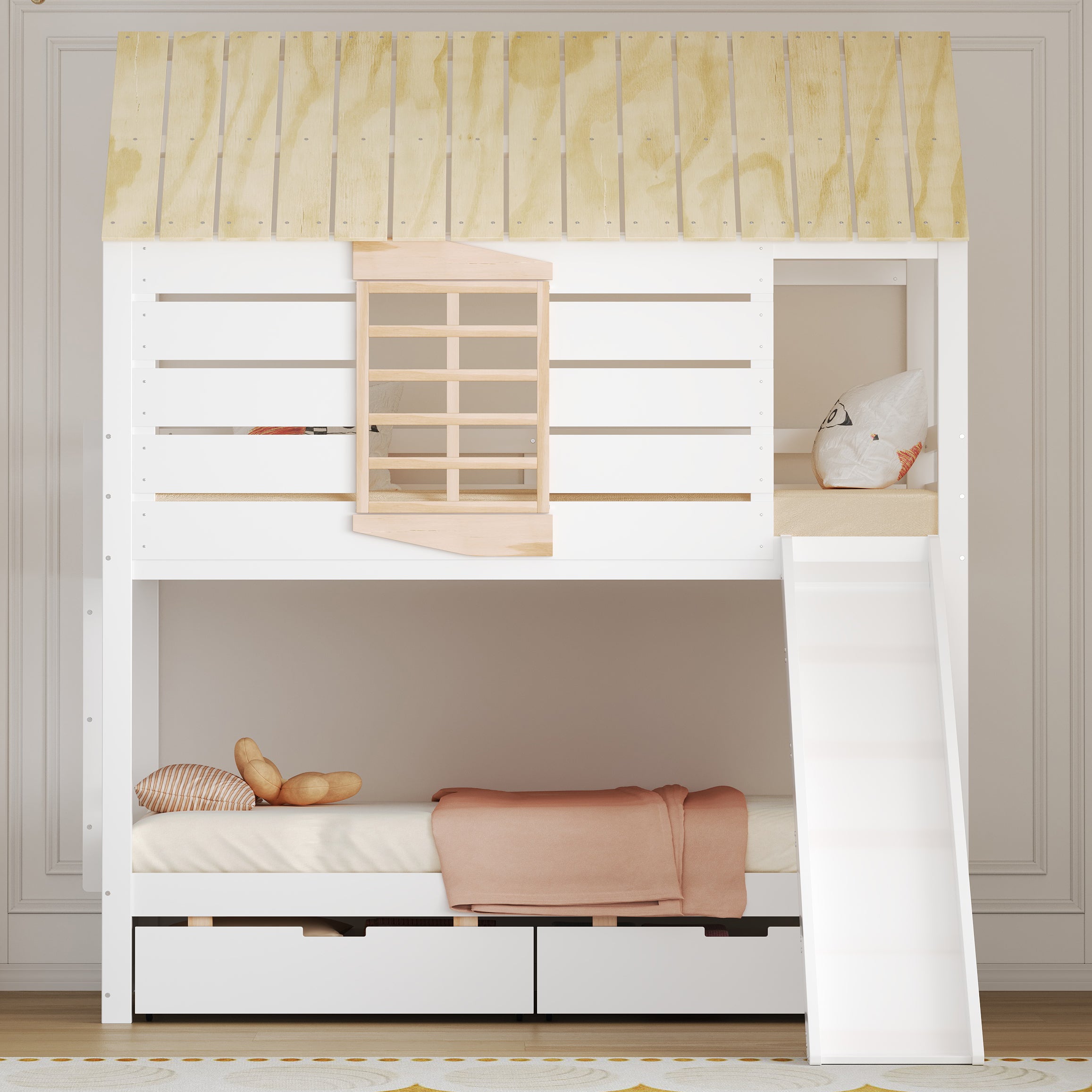 House Bunk Bed with Slide and 2 Storage Drawers, 90x200cm, White and Natural