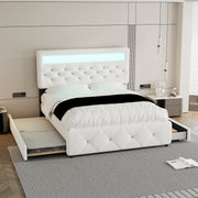 Upholstered Bed 140x200cm Pull-out Bed 2 Drawers Bedside Light Strip - White