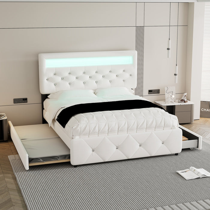 Upholstered Bed 140x200cm Pull-out Bed 2 Drawers Bedside Light Strip - White
