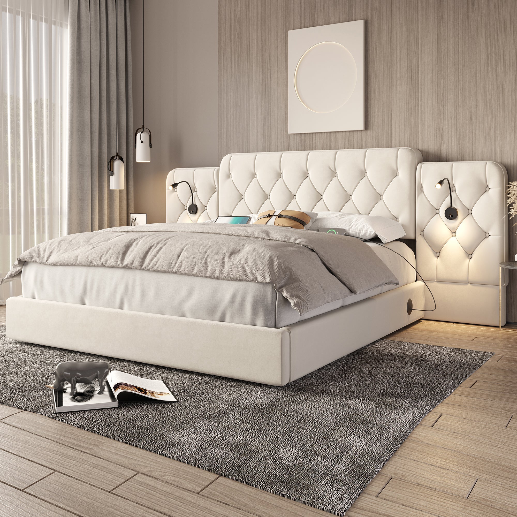 Bed Frame 180x200cm Hydraulic Storage Long Headboard USB/Lamp - Velvet Beige