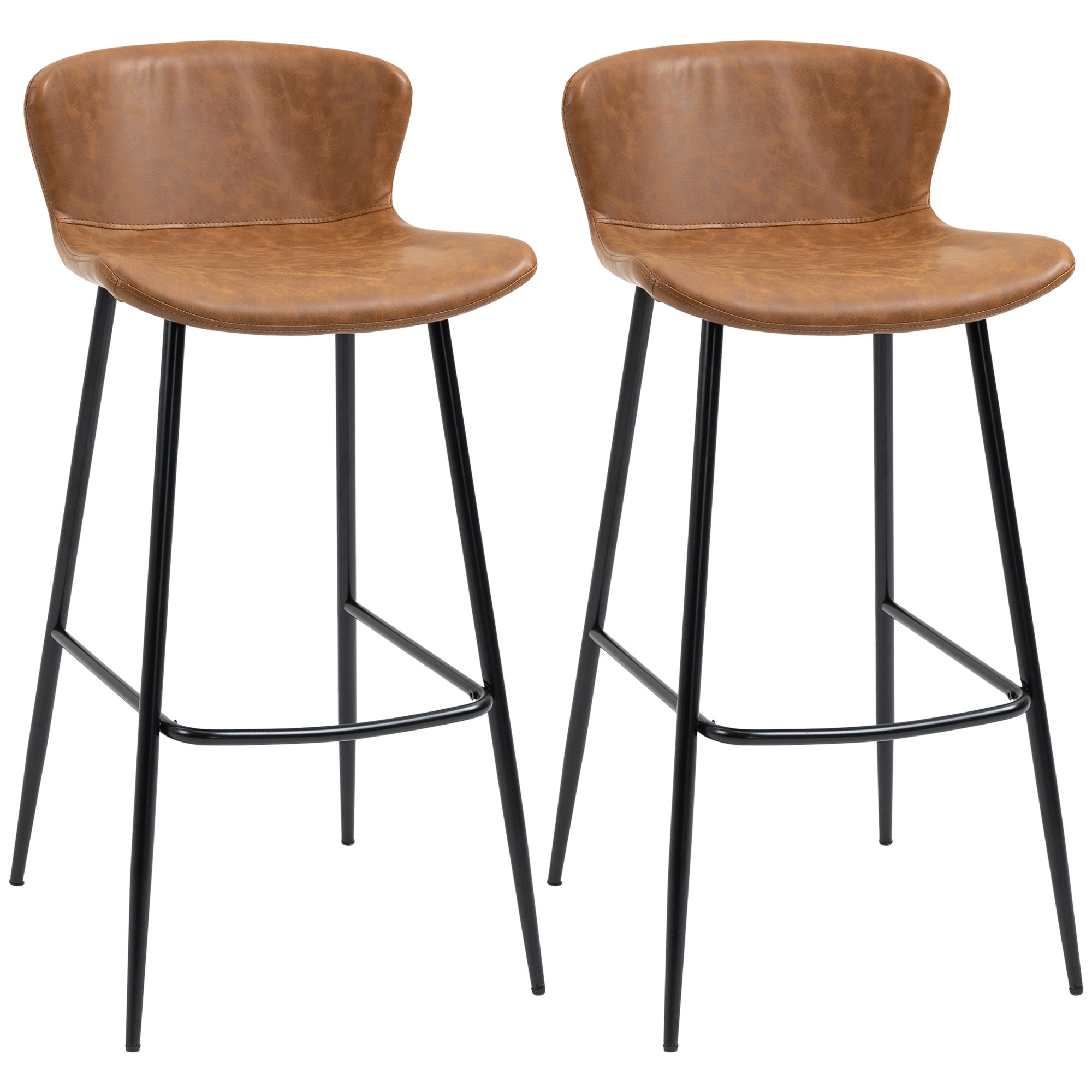 Bar Stools Set of 2, Upholstered with Backs, Steel Legs, PU Leather Brown