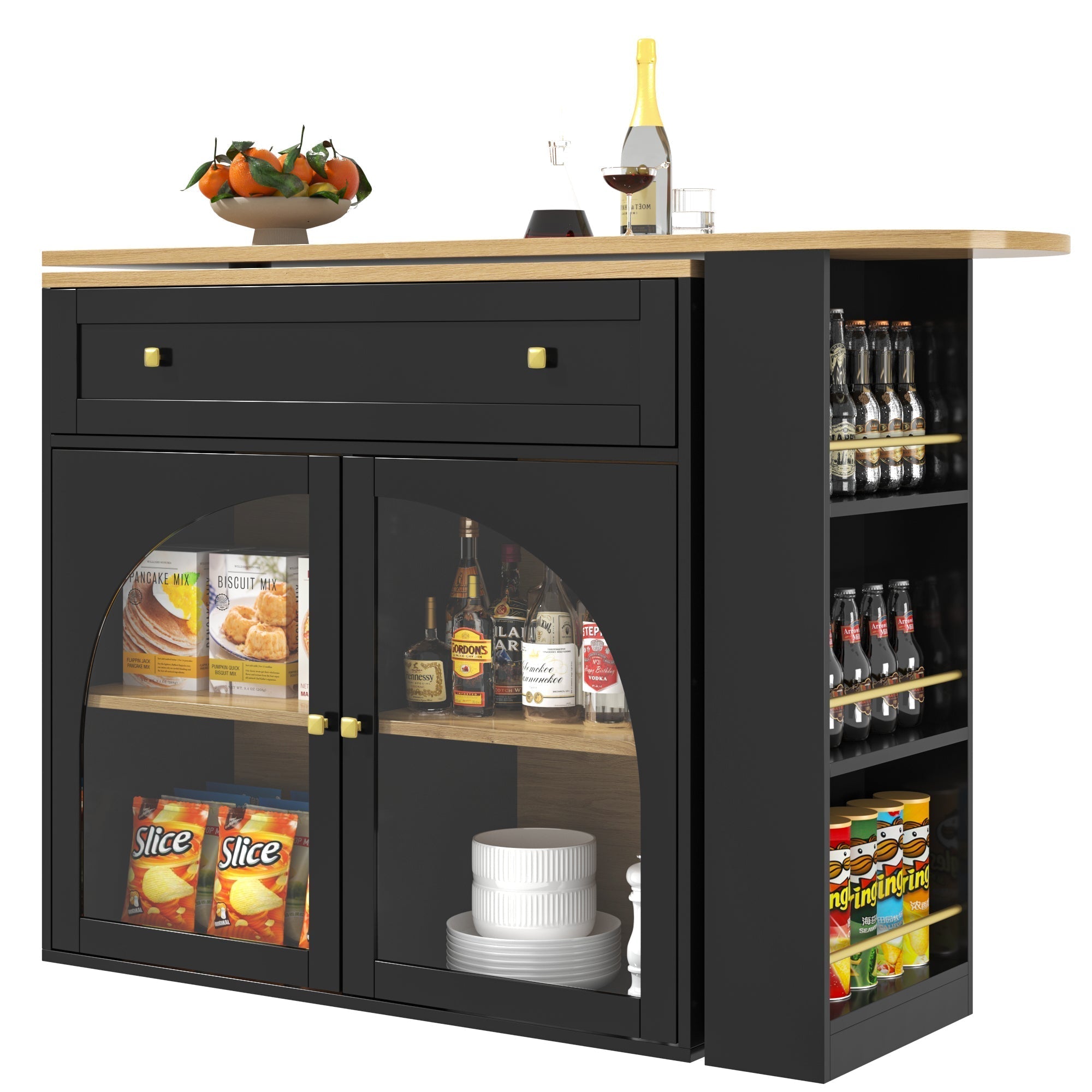 Extendable Bar Table 360° Rotating Storage Shelves Glass - Black