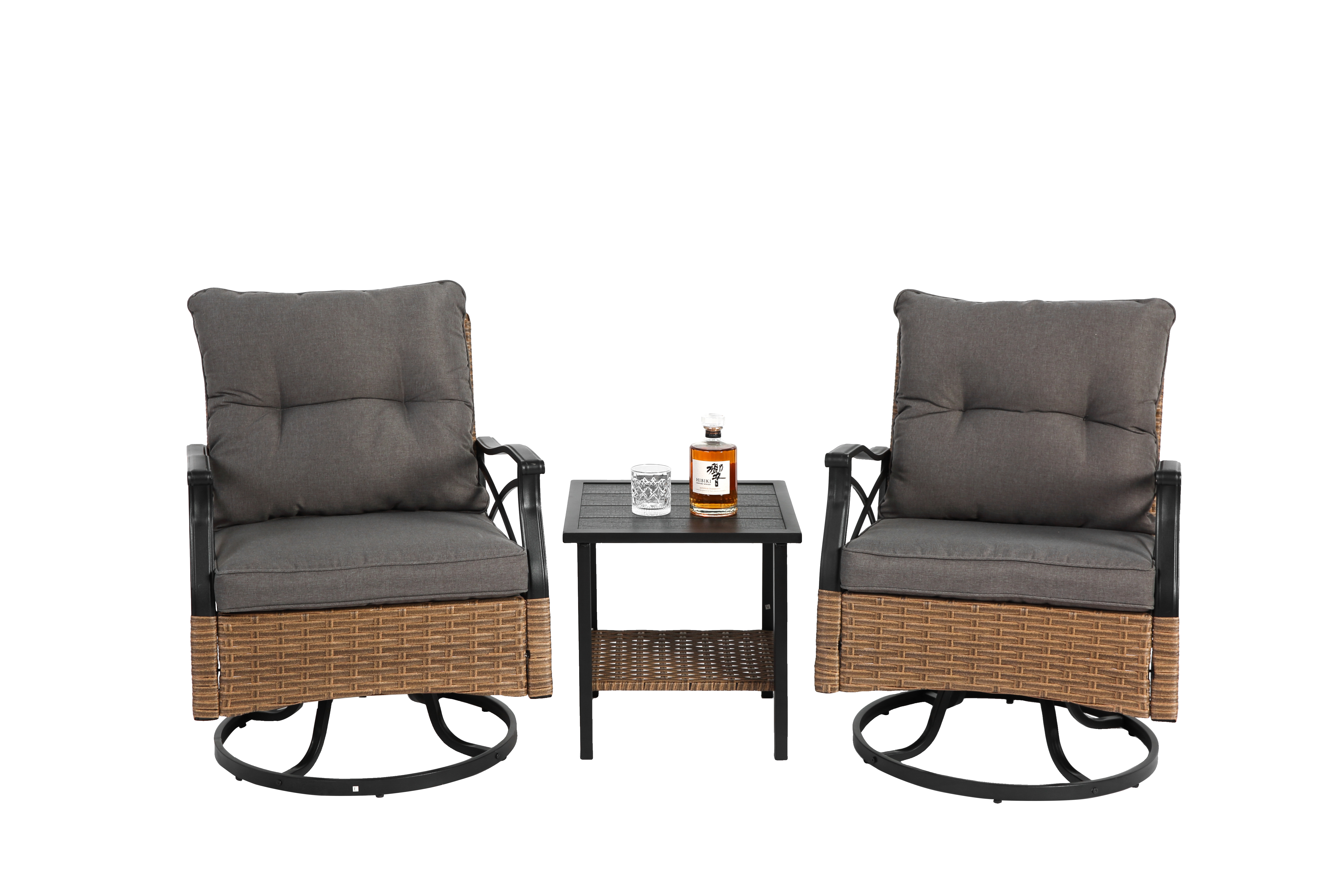 Outdoor Swivel Rocking Chair Set, 3 Pieces with 1 Table and 2 Chairs, 350lb Support, Brown Wicker