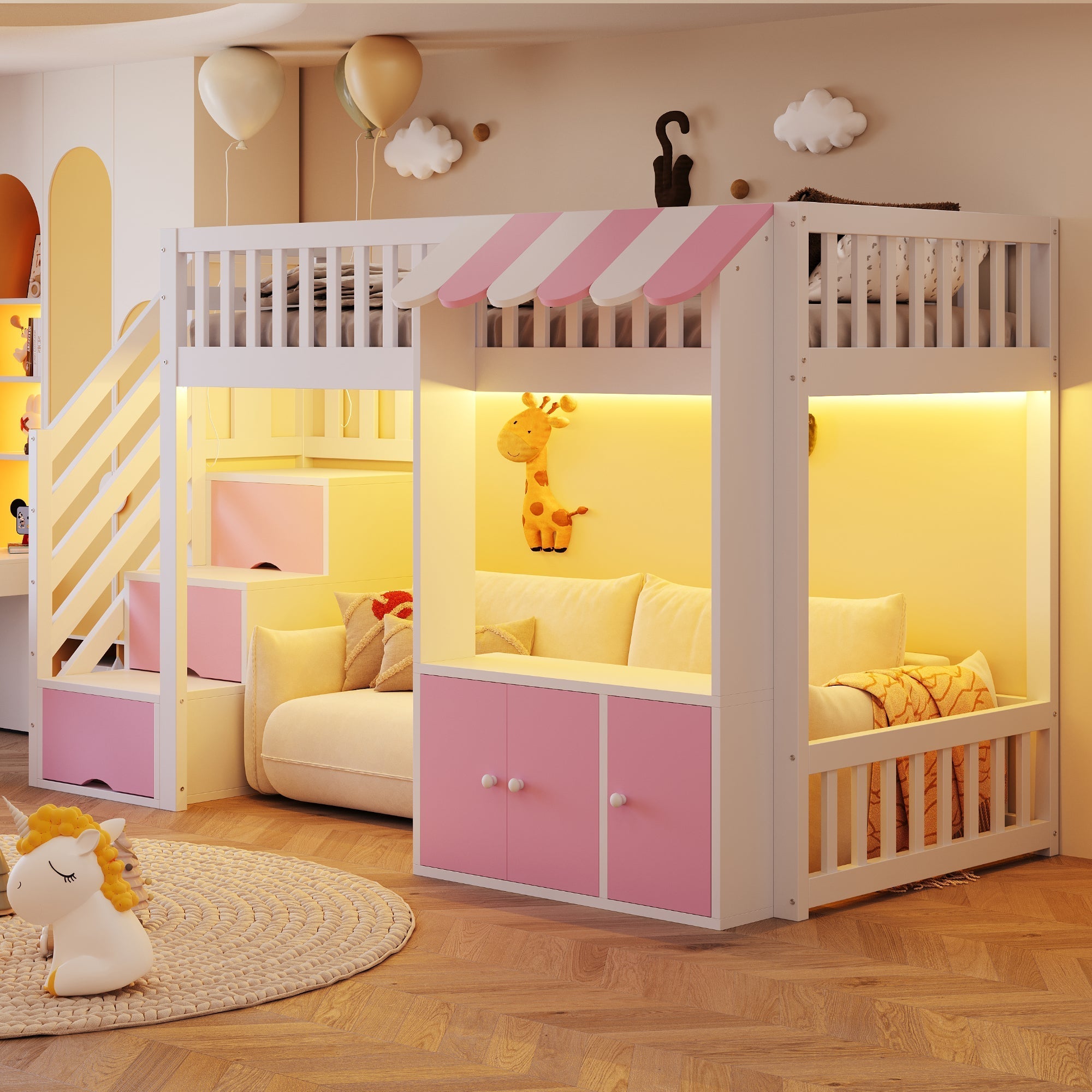 Loft Bed 90x200cm with Storage Stairs Wardrobe LED Light Wooden Pink