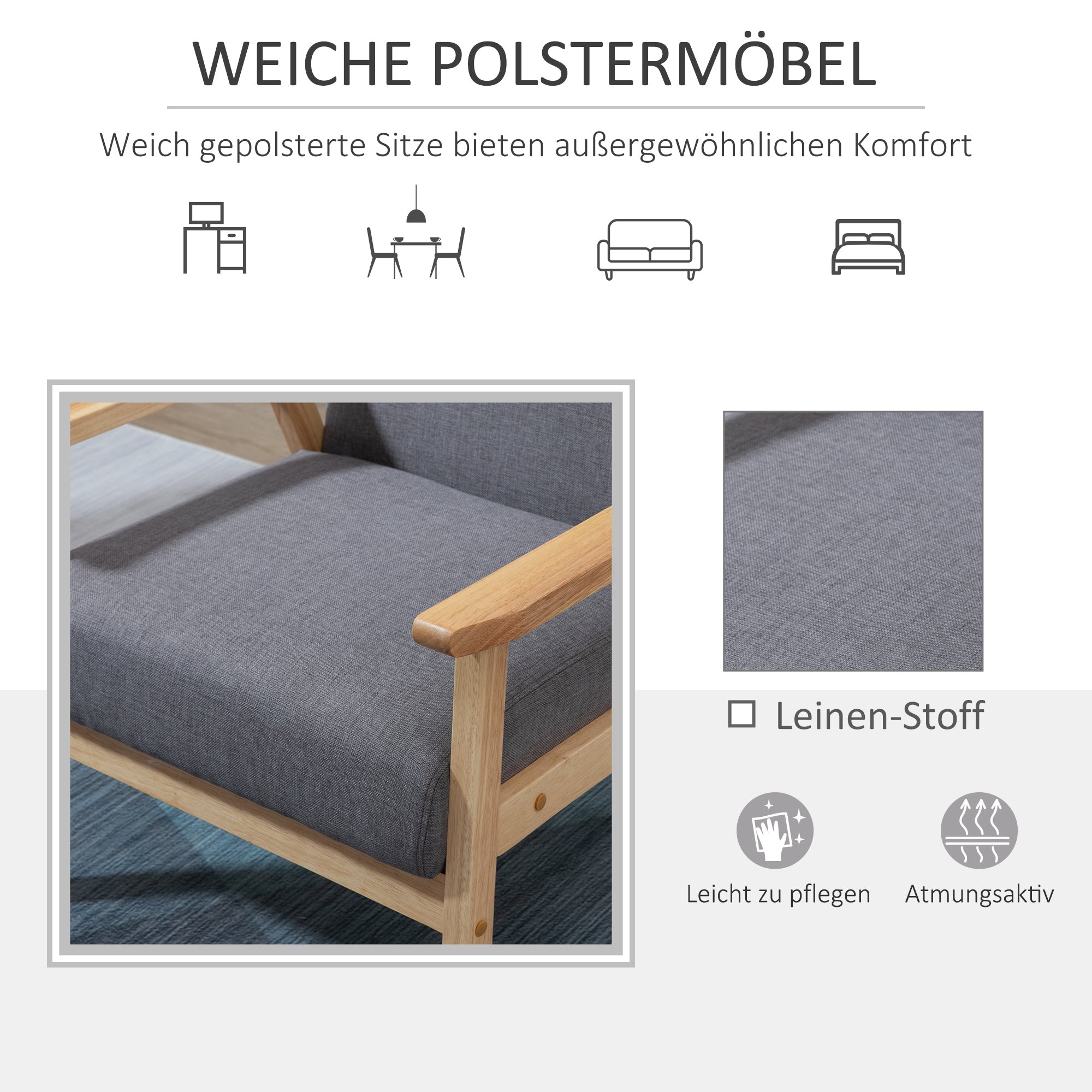 Wingback chair with armrests, upholstered, grey linen look
