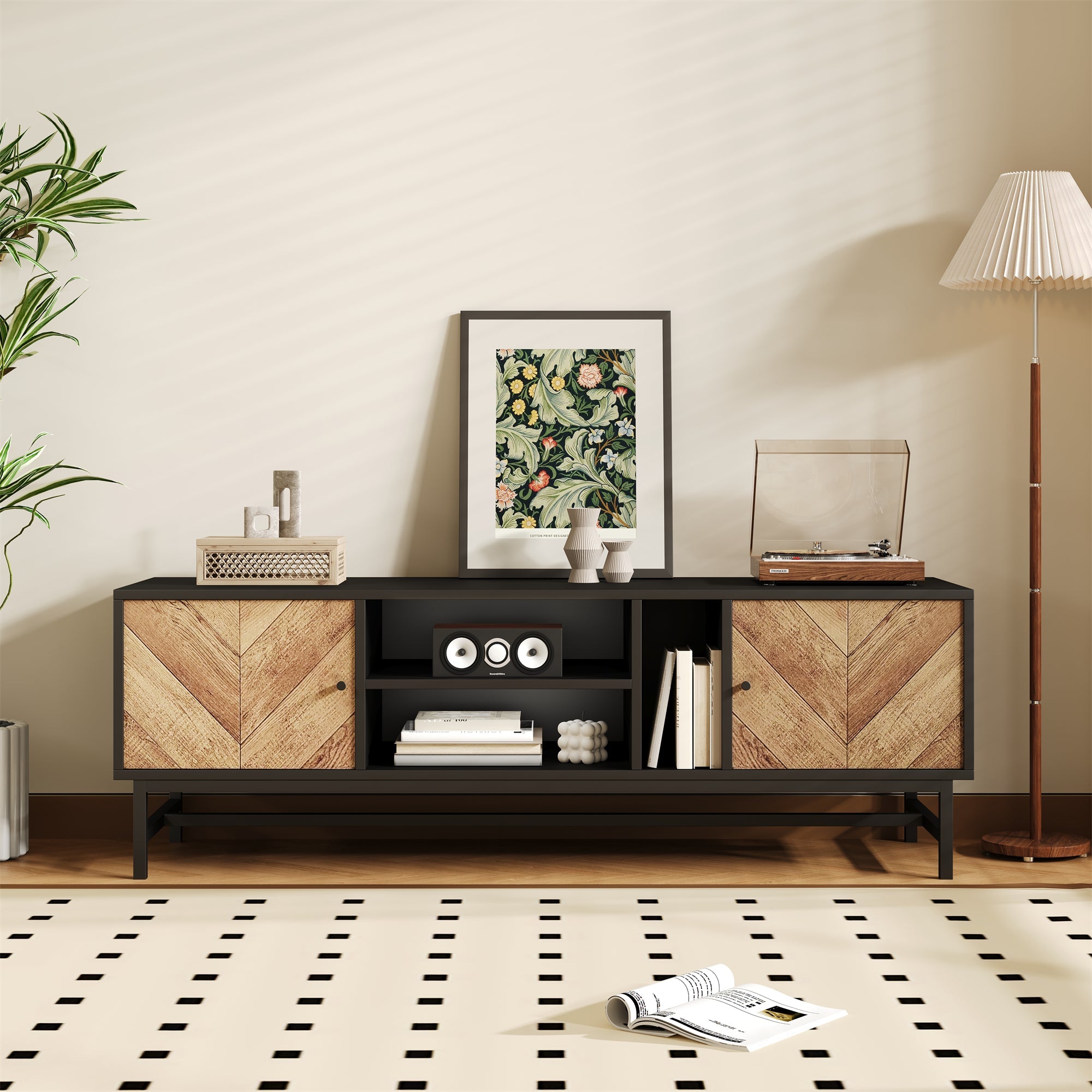TV Cabinet 150 cm, Versatile Storage with Cabinets & Compartments, Black & Wood