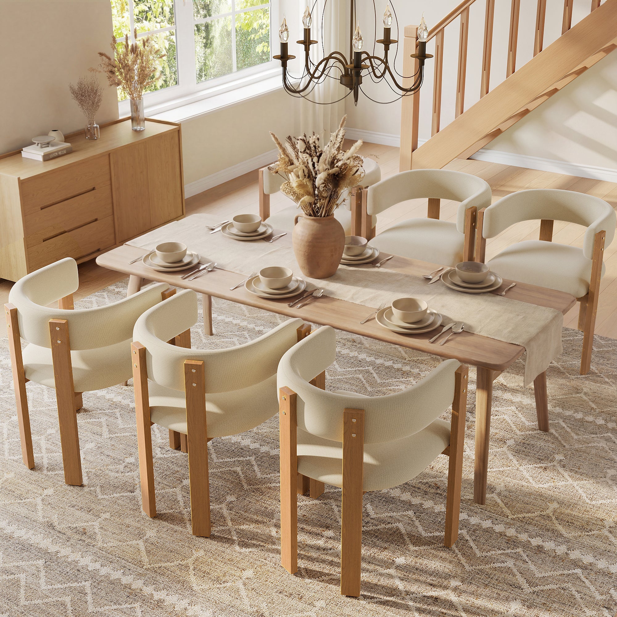 Ergonomic Dining Chair Set of 6 with Thick Padding and Iron Legs, Wood Look