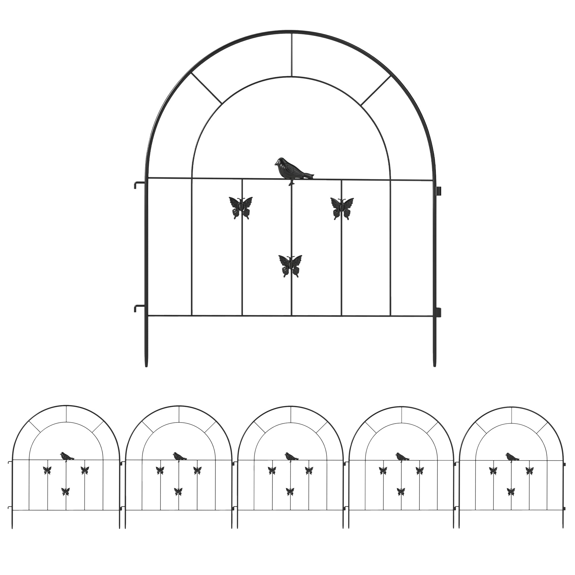 Garden Fence Set, Decorative Mesh 300x70cm Arched Top Barrier, Steel Black