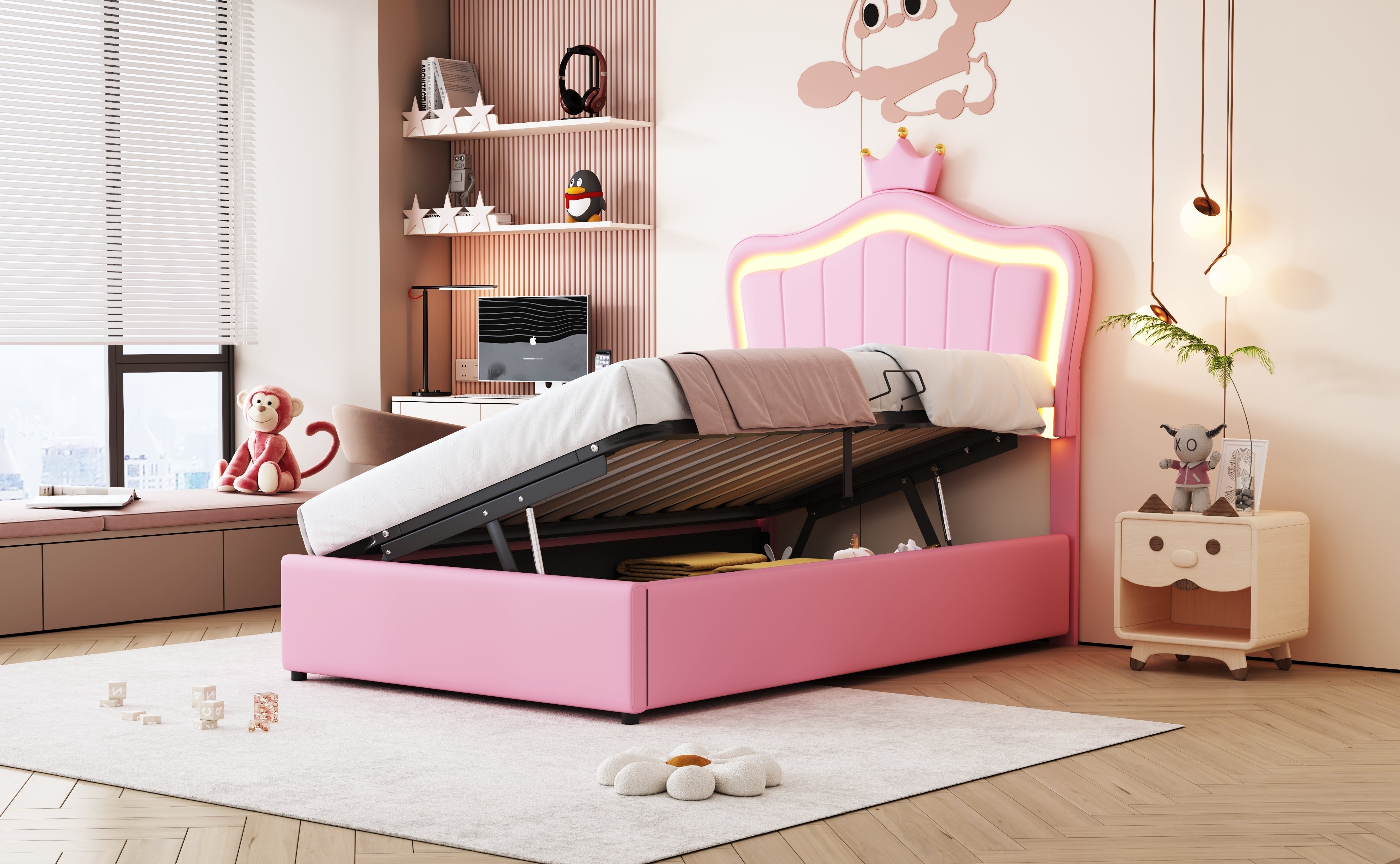 Children's Bed, Crown Design LED Hydraulic Storage, Faux Leather Pink