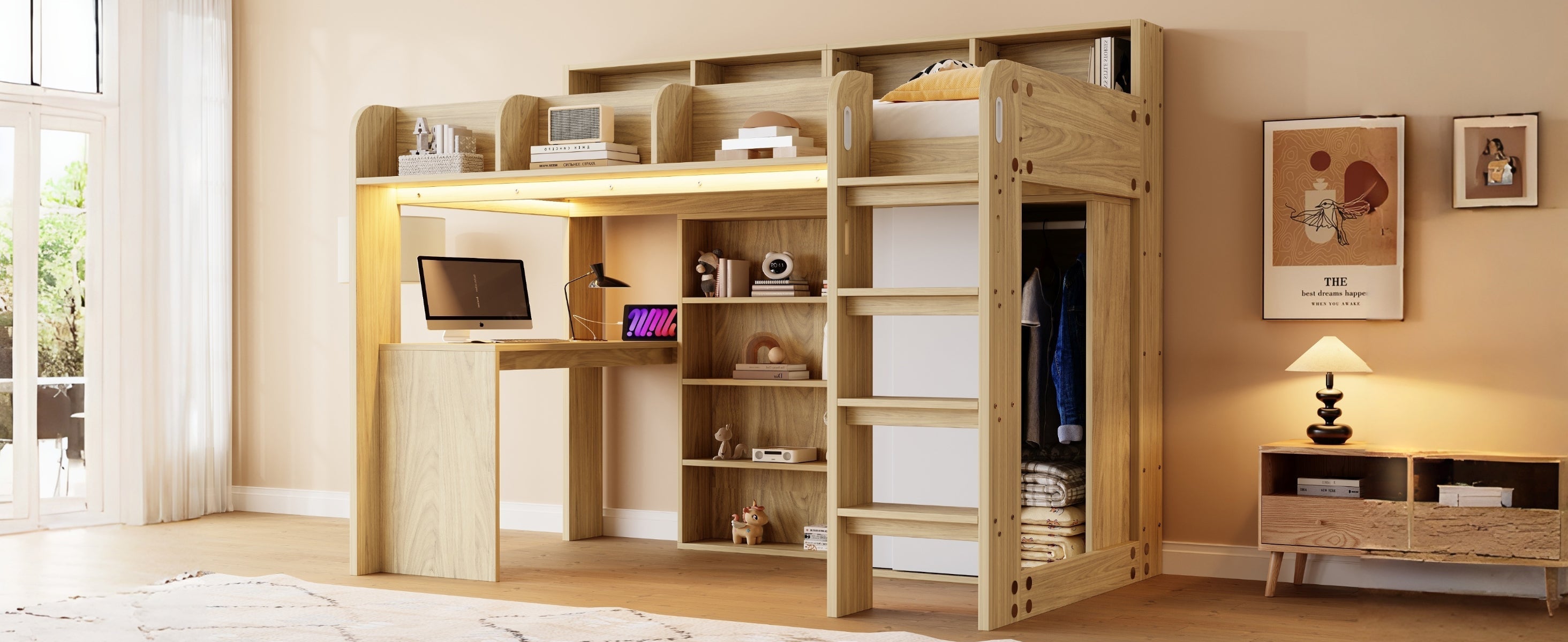 Multifunctional Loft Bed with Desk, Wardrobe, LED Lighting and Power Outlet, Wood Color