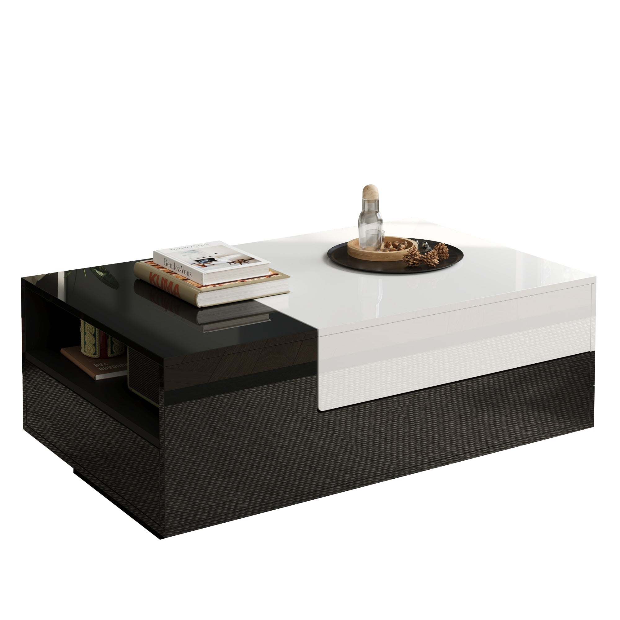 Coffee Table 100x50x38cm, High-Gloss with 1 Drawer & Sliding Top, Black and White Stitching