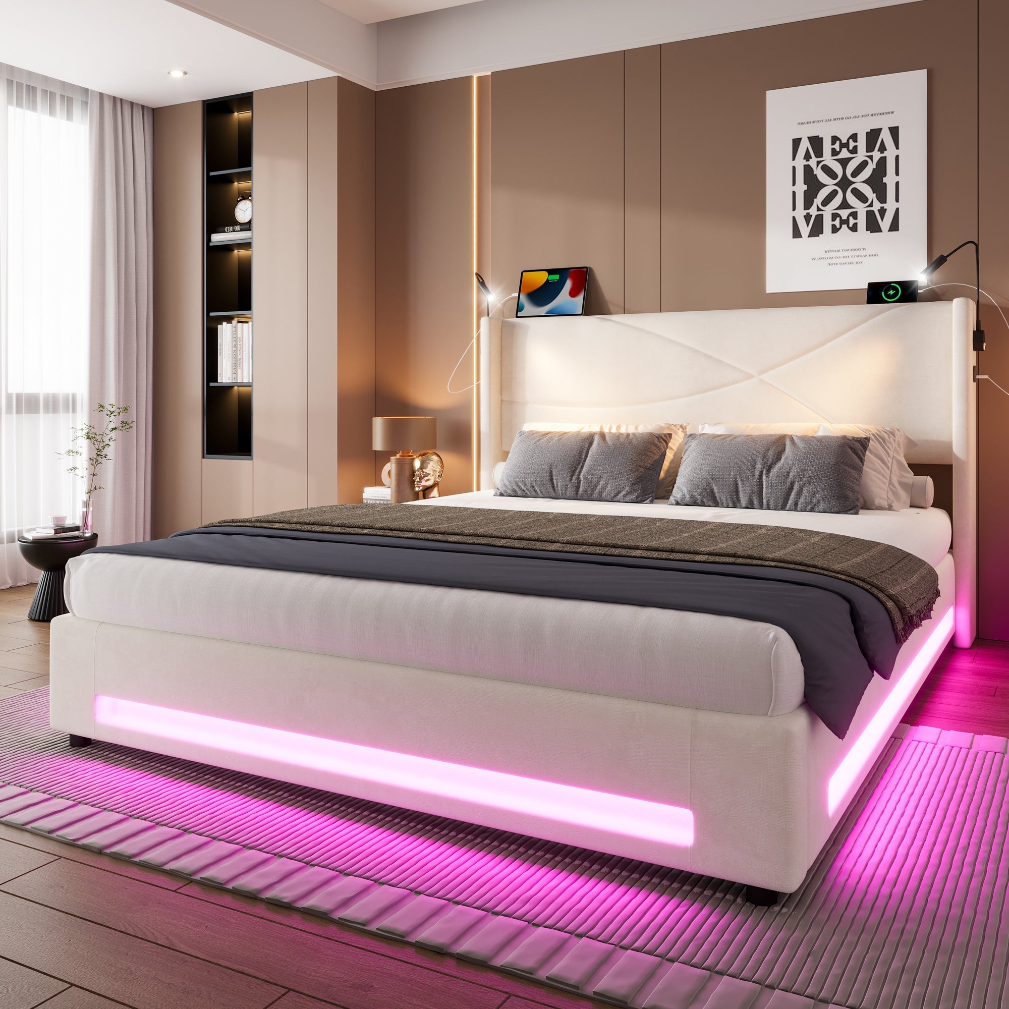 Modern Bed Frame with Integrated Reading Lamps, LED Lighting, Storage Base, USB/Type-C Ports - Beige