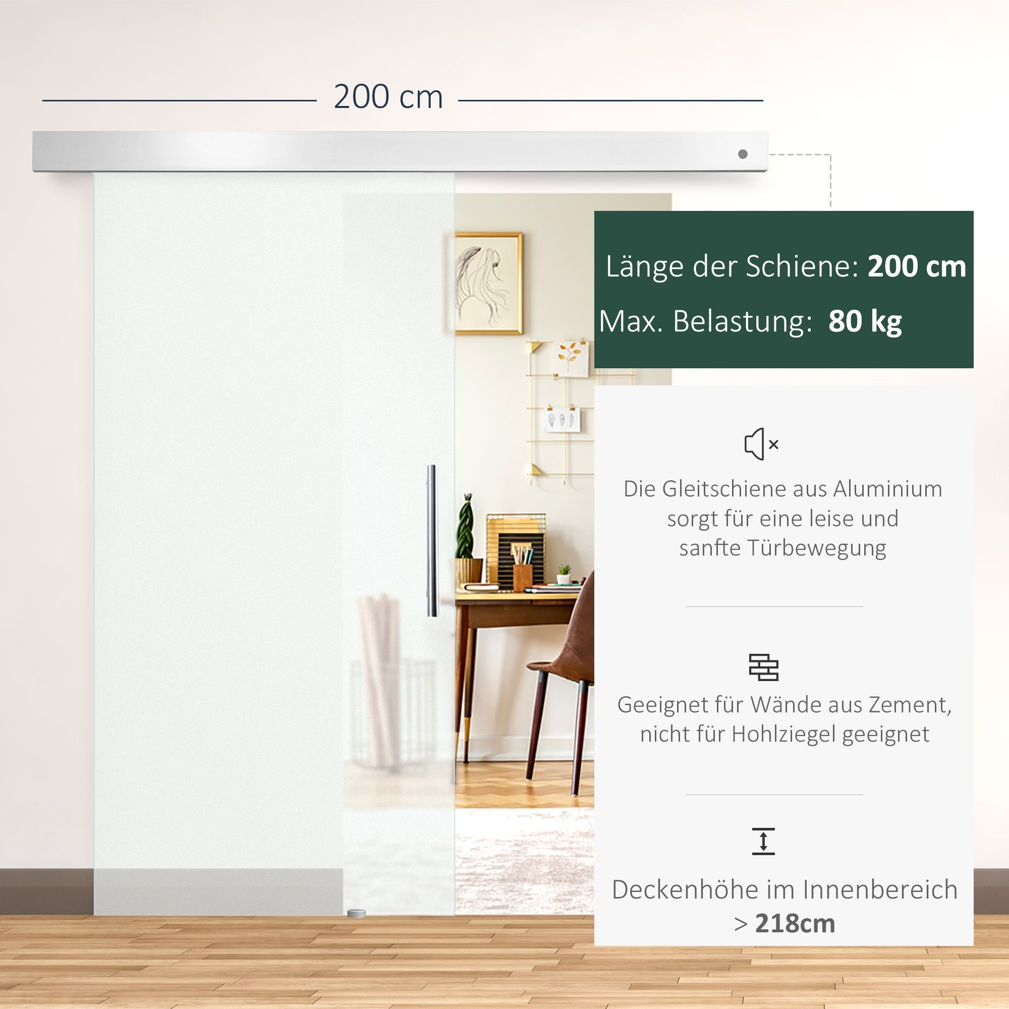 Sliding Glass Interior Door with Handle, Frosted One-Side, 102.5x205 cm, Glass