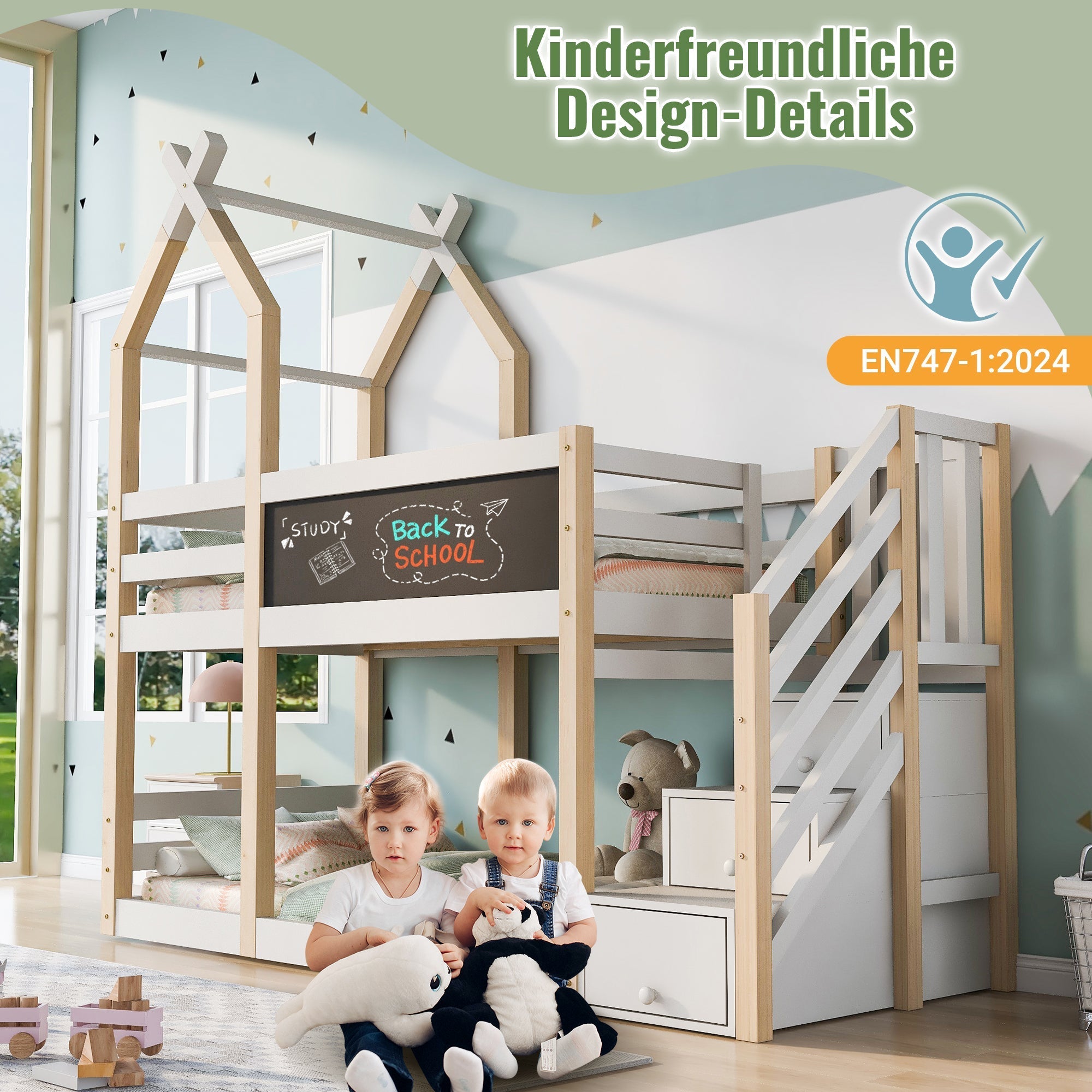 Bunk Bed 90x200, Treehouse Design with Blackboard, Storage, Fall Protection, Loft Bed for Kids, 2x Slatted Frames - Natural & White