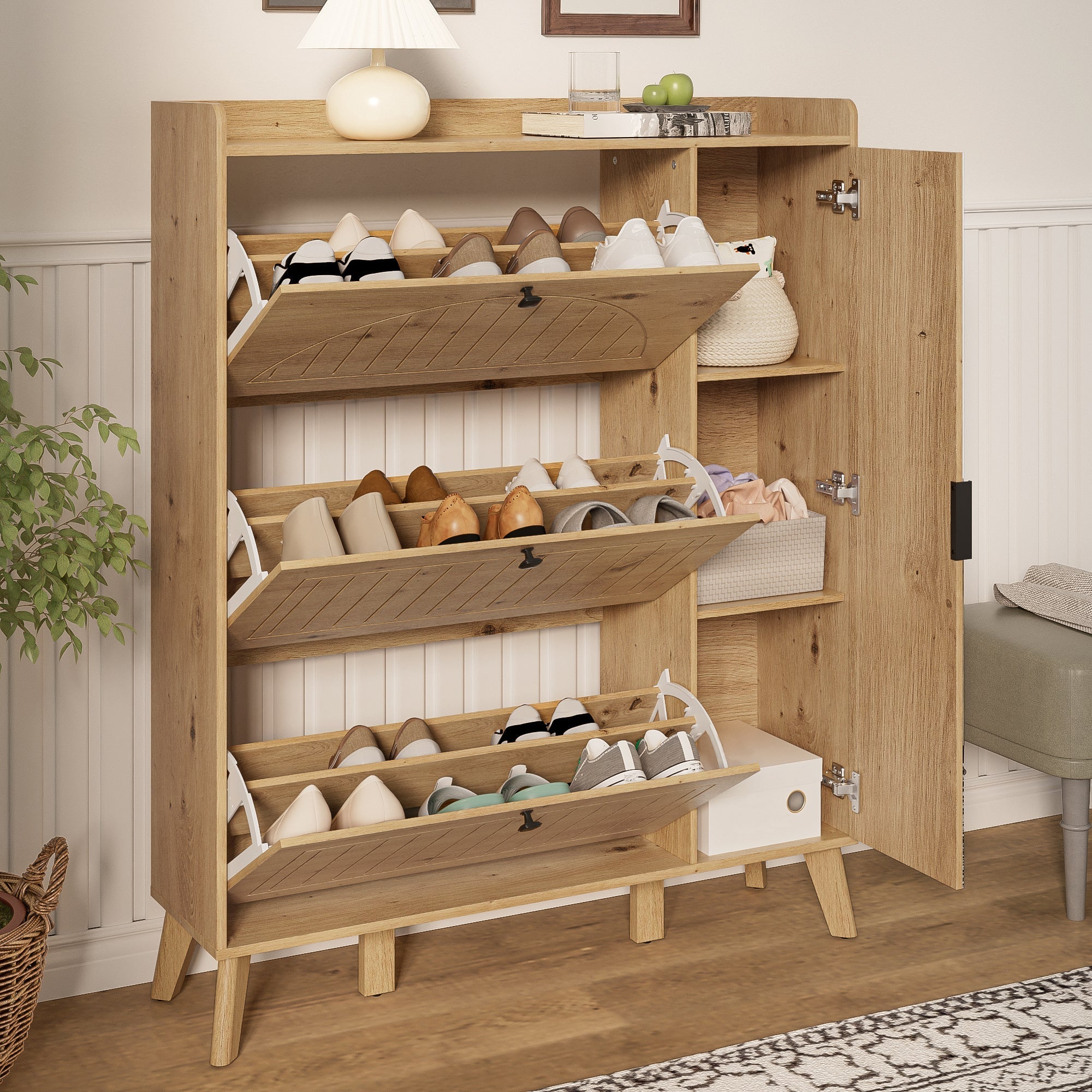 Modern Shoe Cabinet Mirror 3 Flap Doors 110x24x137.5cm