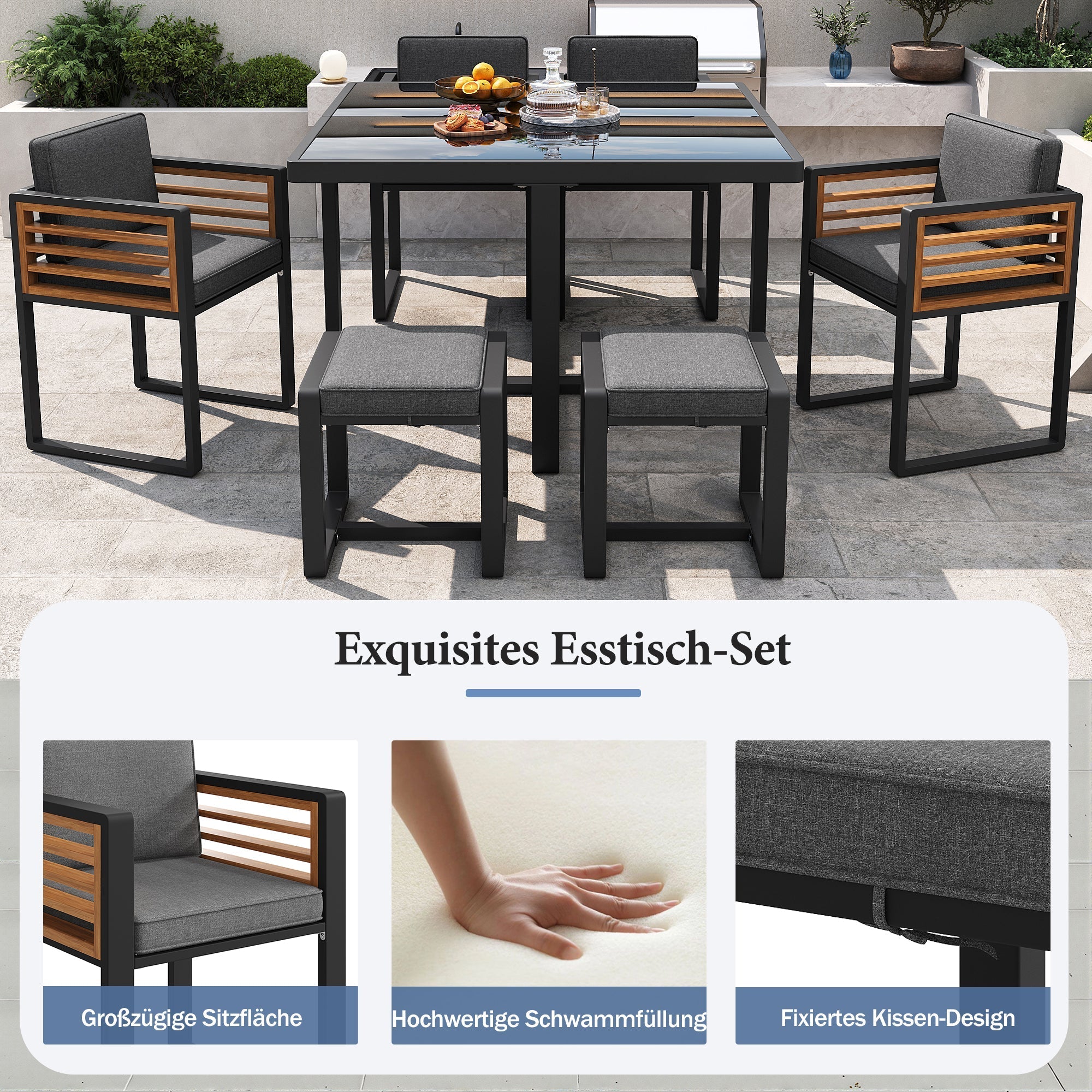 Garden Furniture Set with 12 Chairs and Table for 12 People, Glass Tabletop