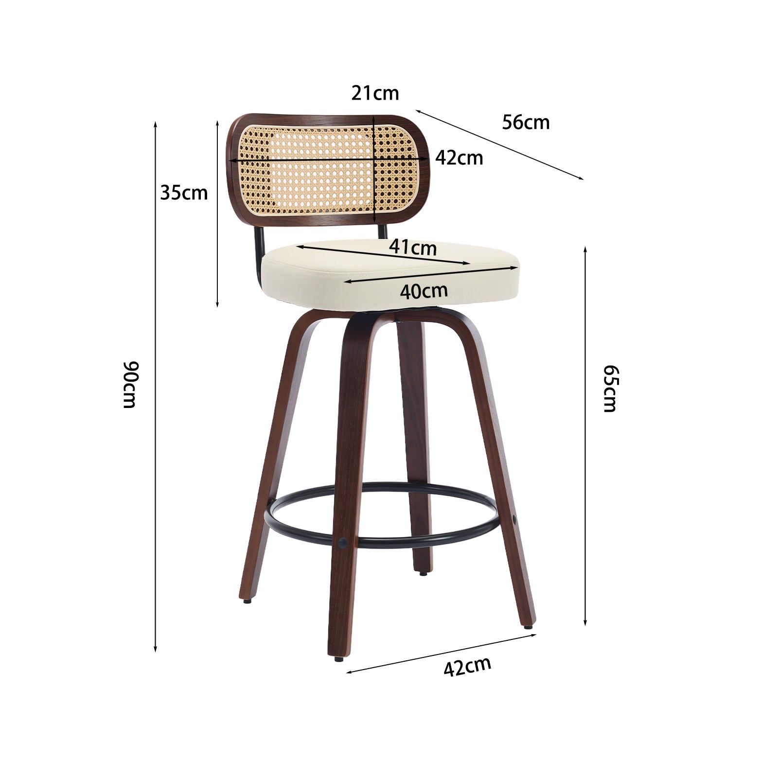 Set of 3 Swivel Bar Stools with Rattan Cane Back and Upholstered Seat, Walnut and Beige