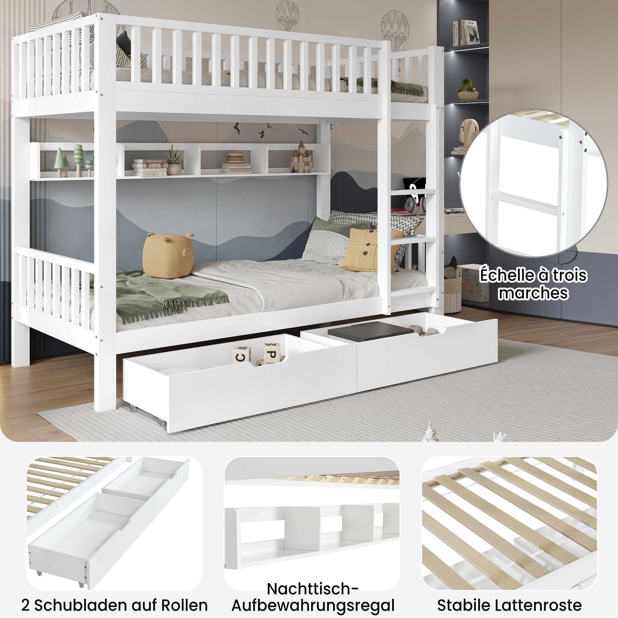 [31911901WAA] Bunk Bed Safety Rail Storage Ladder 90x200cm Pine Wood White