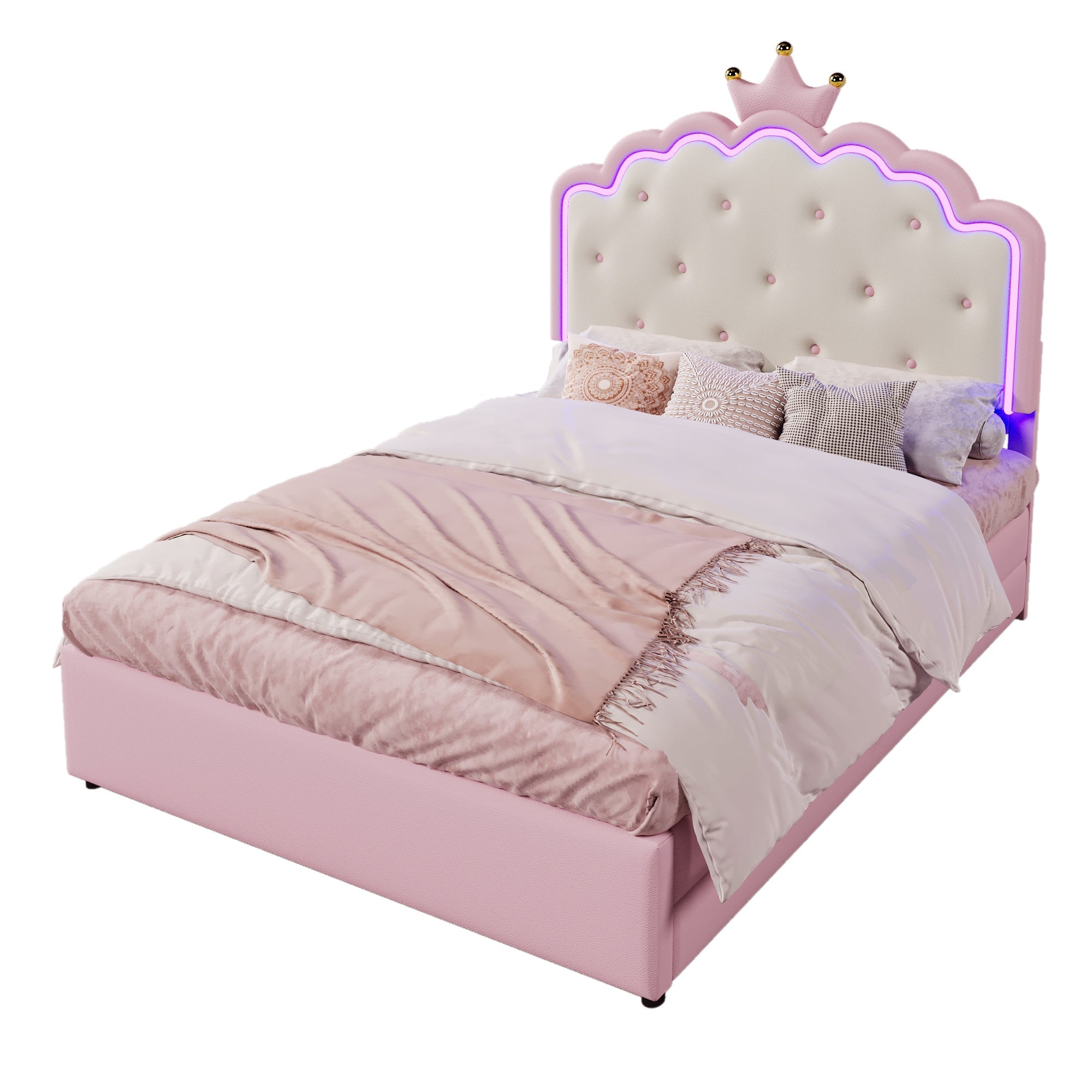 Upholstered Bed 140x200cm Pull-out 2 Drawers Ambient LED Princess Design - Pink PU