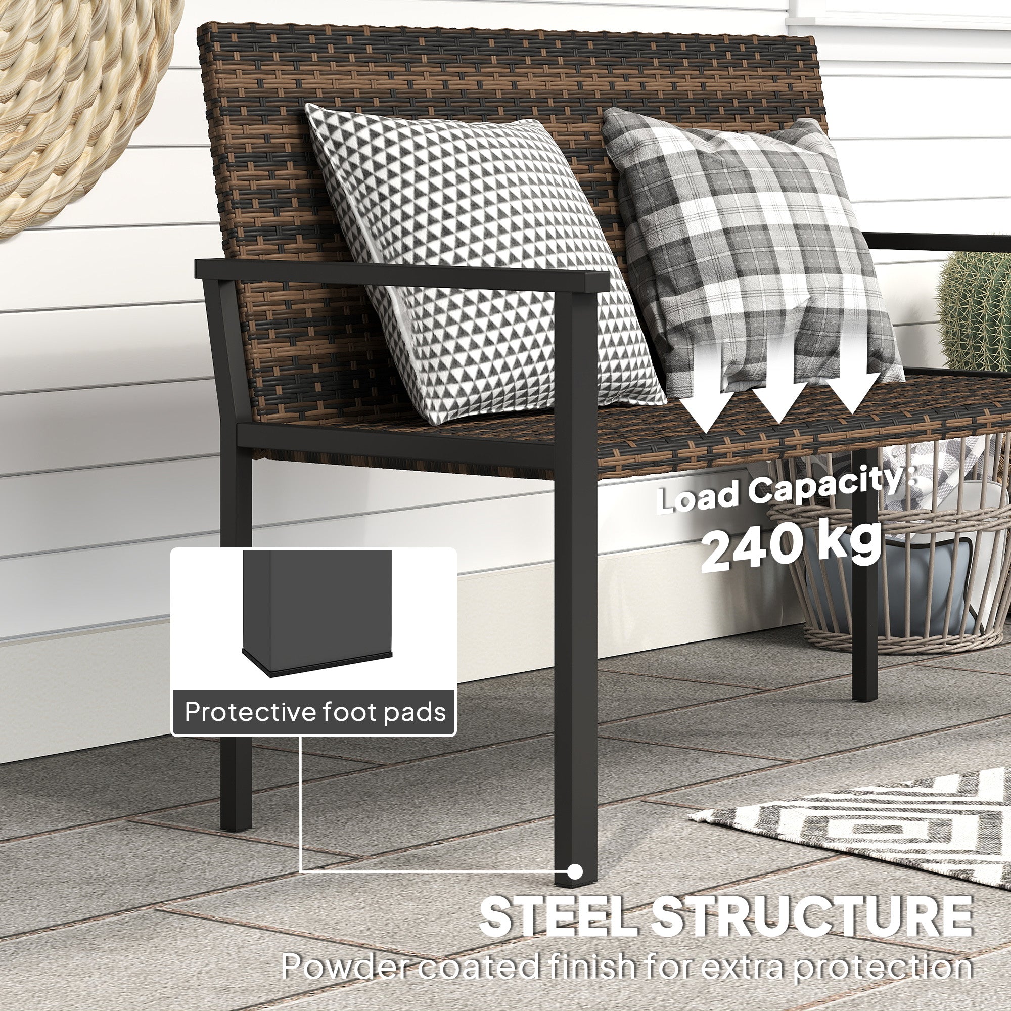 2 Seater Rattan Garden Bench Quick-Drying Cotton Padding Loveseat, Mixed Brown