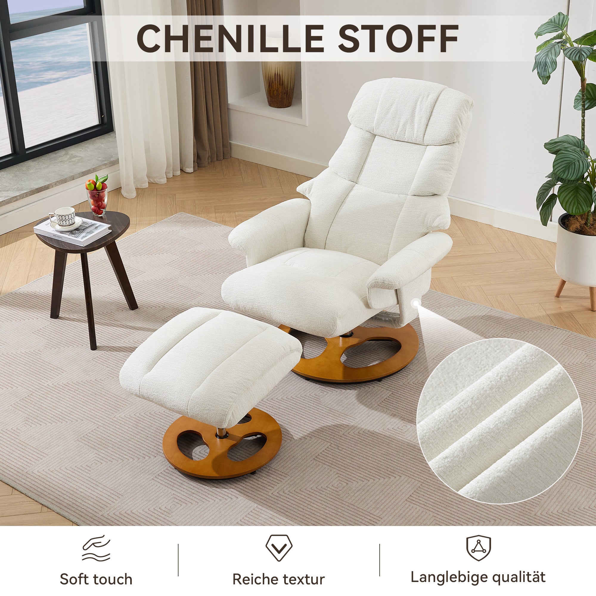 025 Recliner Chair with Massage, Heat, Reclining, Footstool, 360° Rotatable, Chenille Fabric White