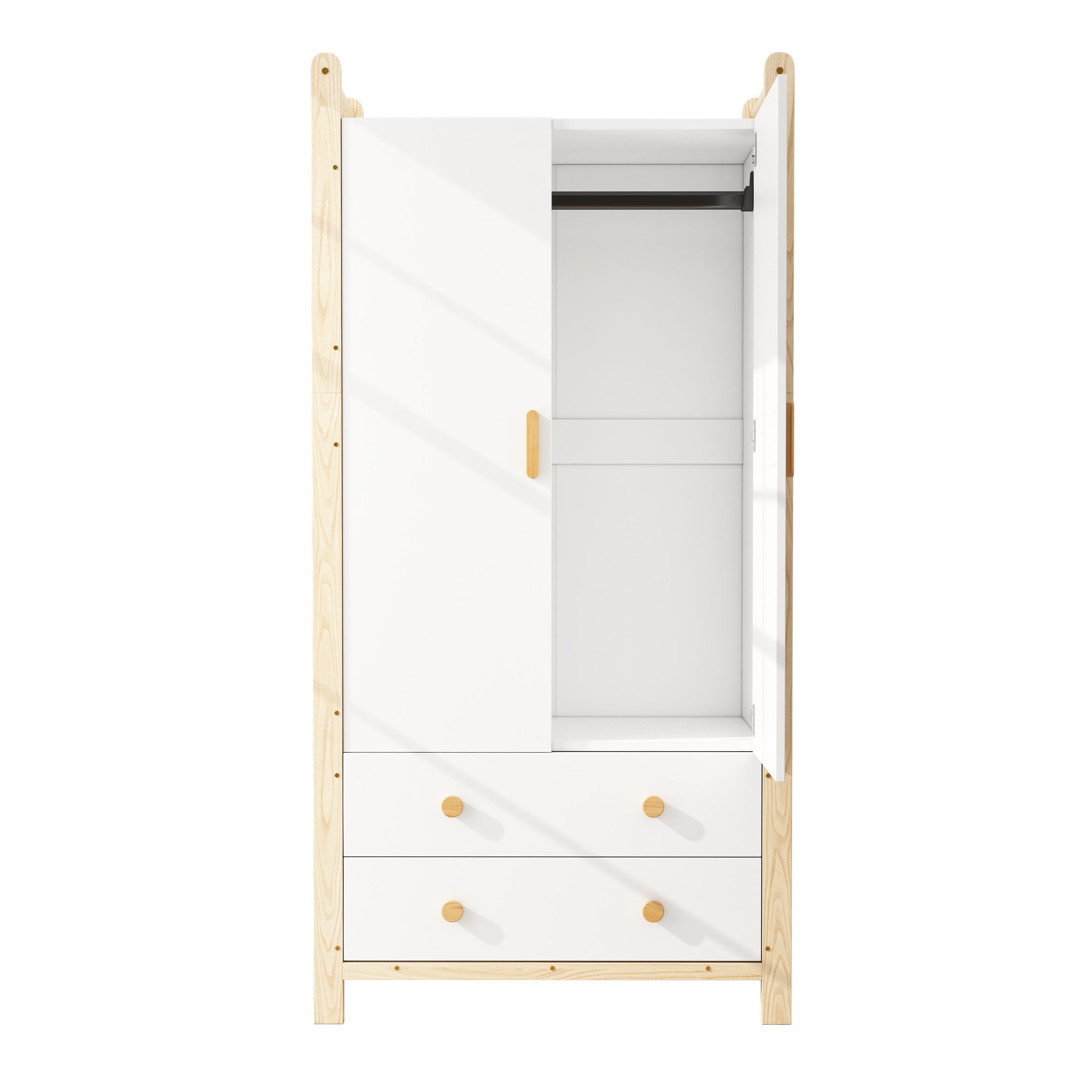 2-Door Wardrobe with Clothes Rail & 2 Drawers, 90x45x180 cm - White/Pine