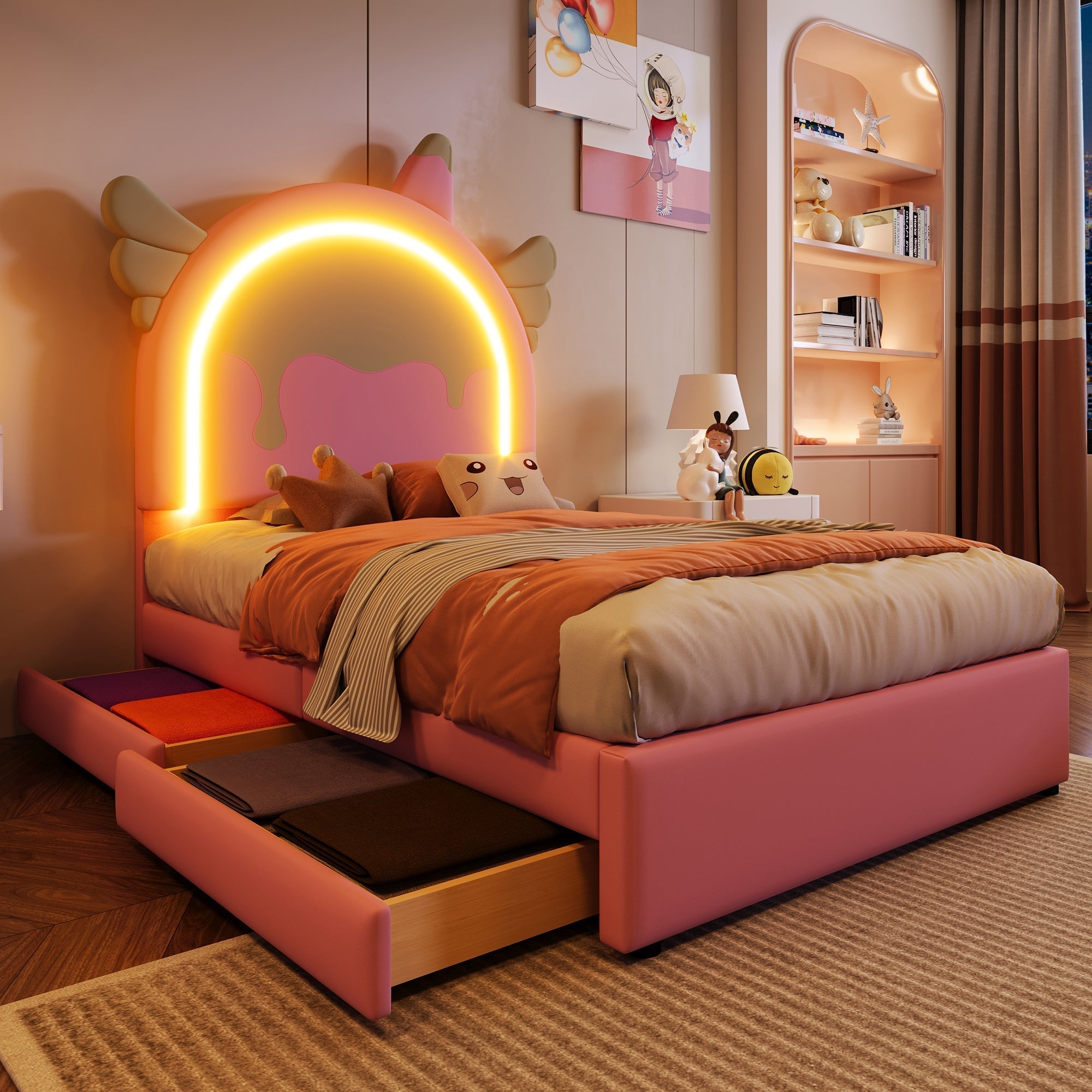 Upholstered Bed 90x200cm Unicorn Shape Light Strip 2 Drawers - PU Pink