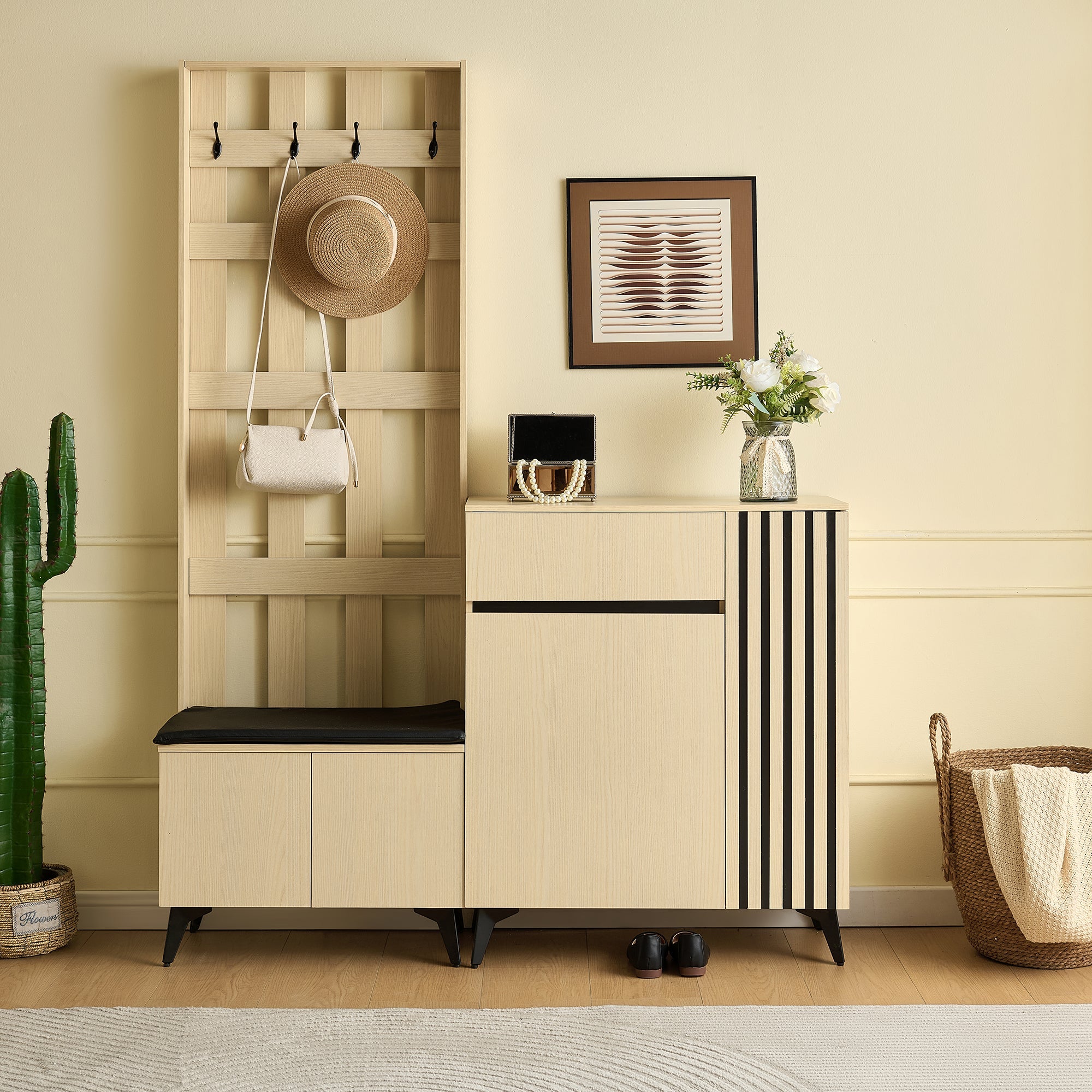 Combination Set: Modern Wardrobe, Bench & Shoe Cabinet Storage Solution