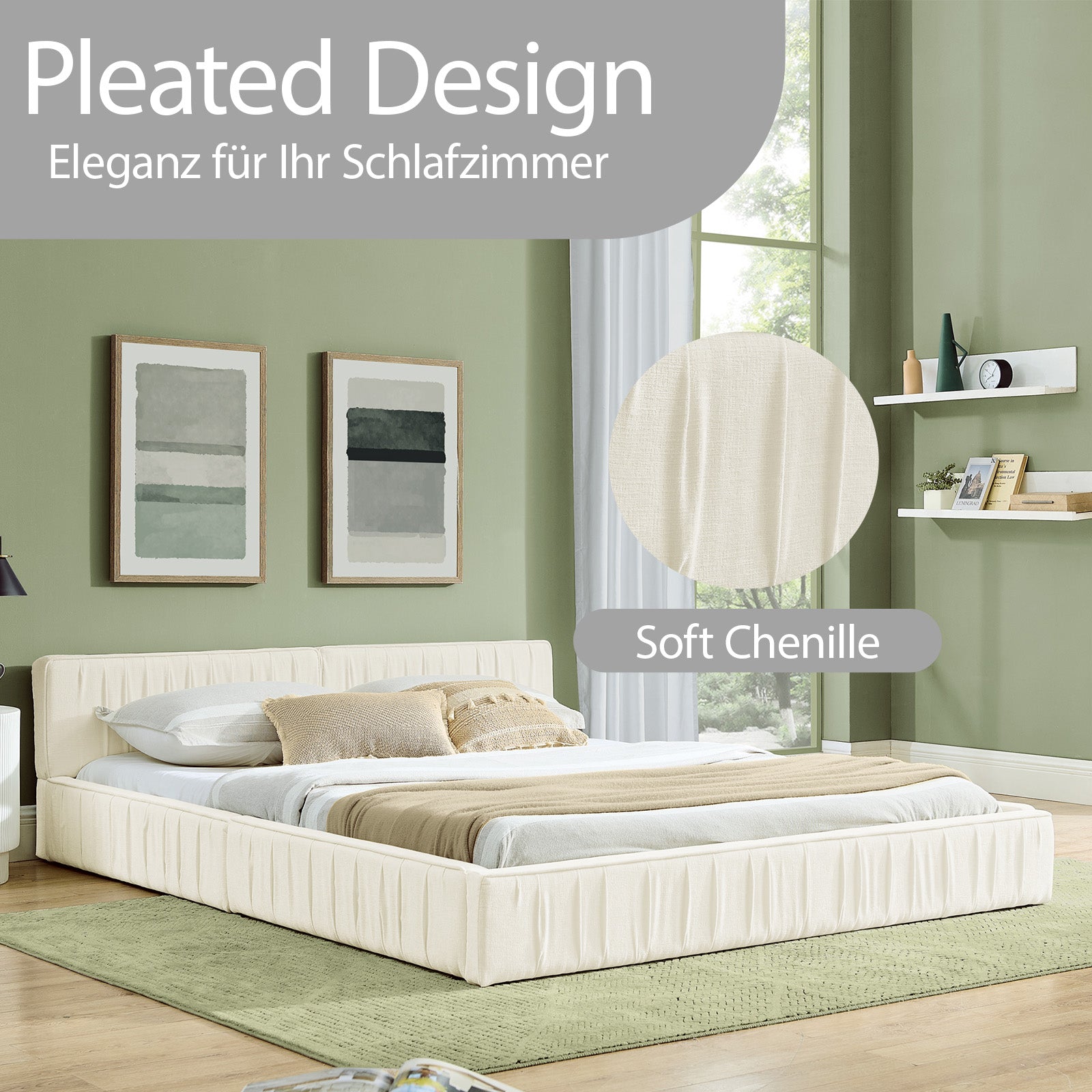 Double Bed 140x200cm Chenille Cover Eucalyptus Frame - Beige