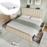 Upholstered Bed, Padded Headboard, USB-C, 140x200cm, 4 Drawers, Beige Linen
