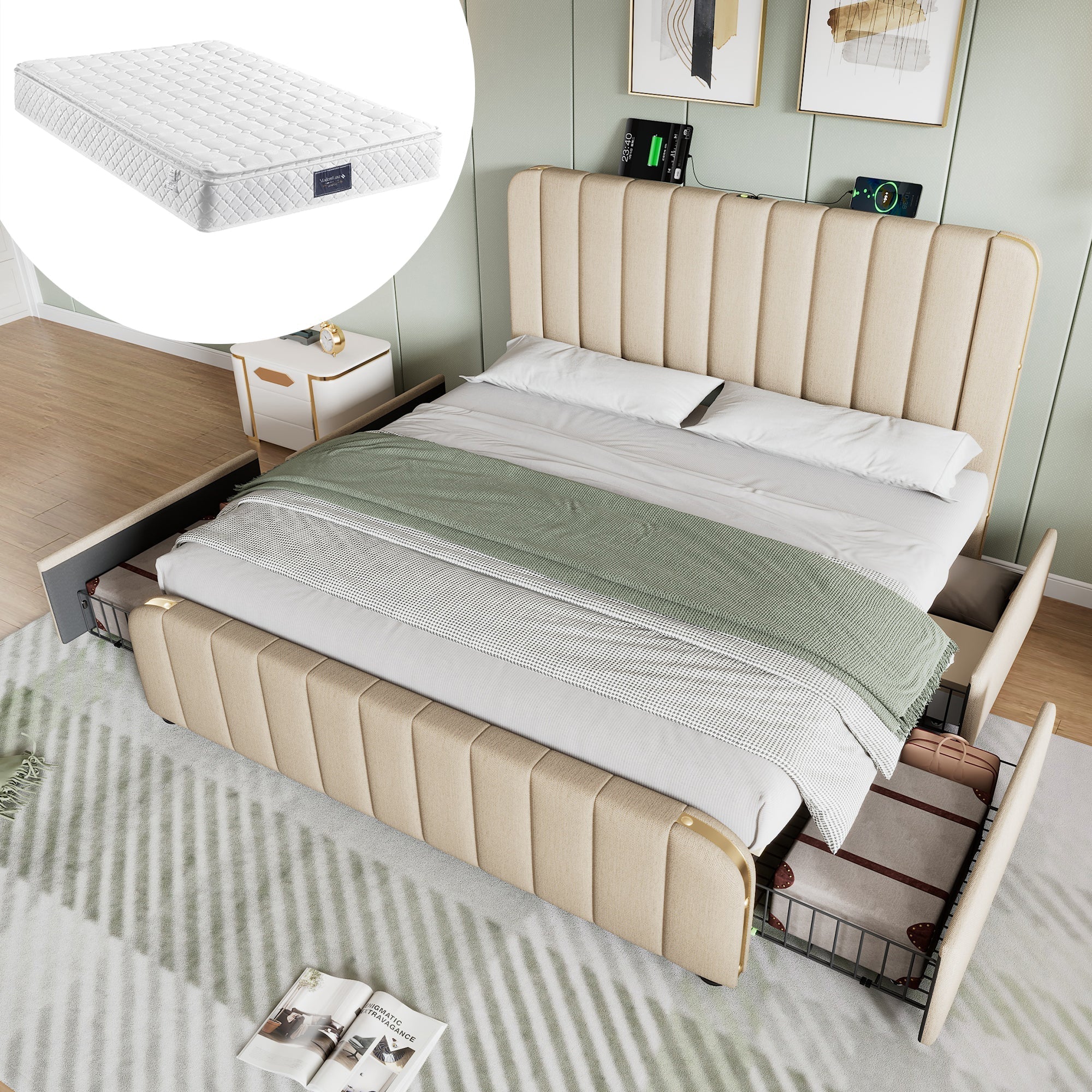 Upholstered Bed, Padded Headboard, USB-C, 140x200cm, 4 Drawers, Beige Linen