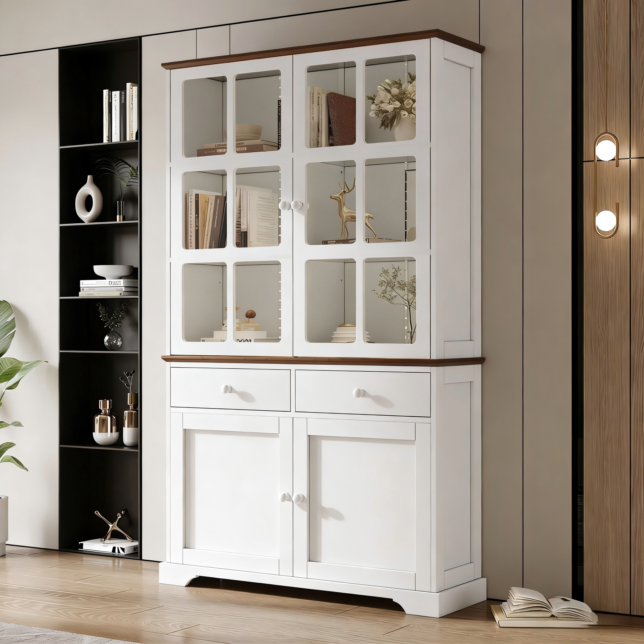Tall Display Cabinet Glass Doors 2 Drawers LED Lighting White