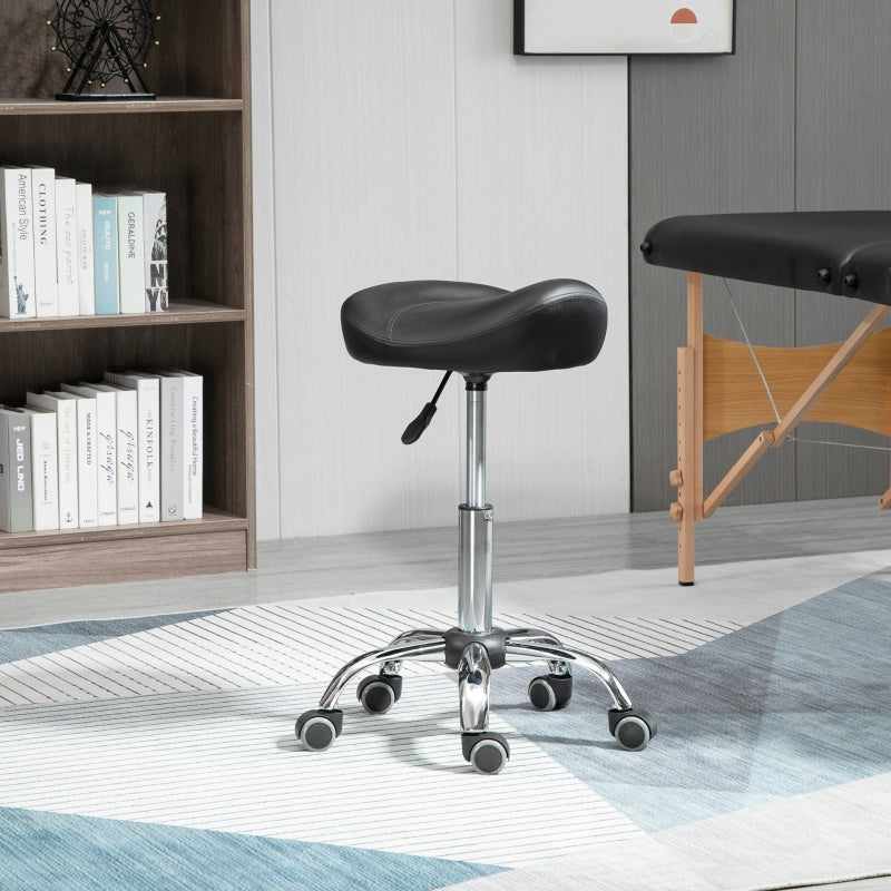 Rolling Stool Height Adjustable Work Stool, Rotatable Faux Leather Black