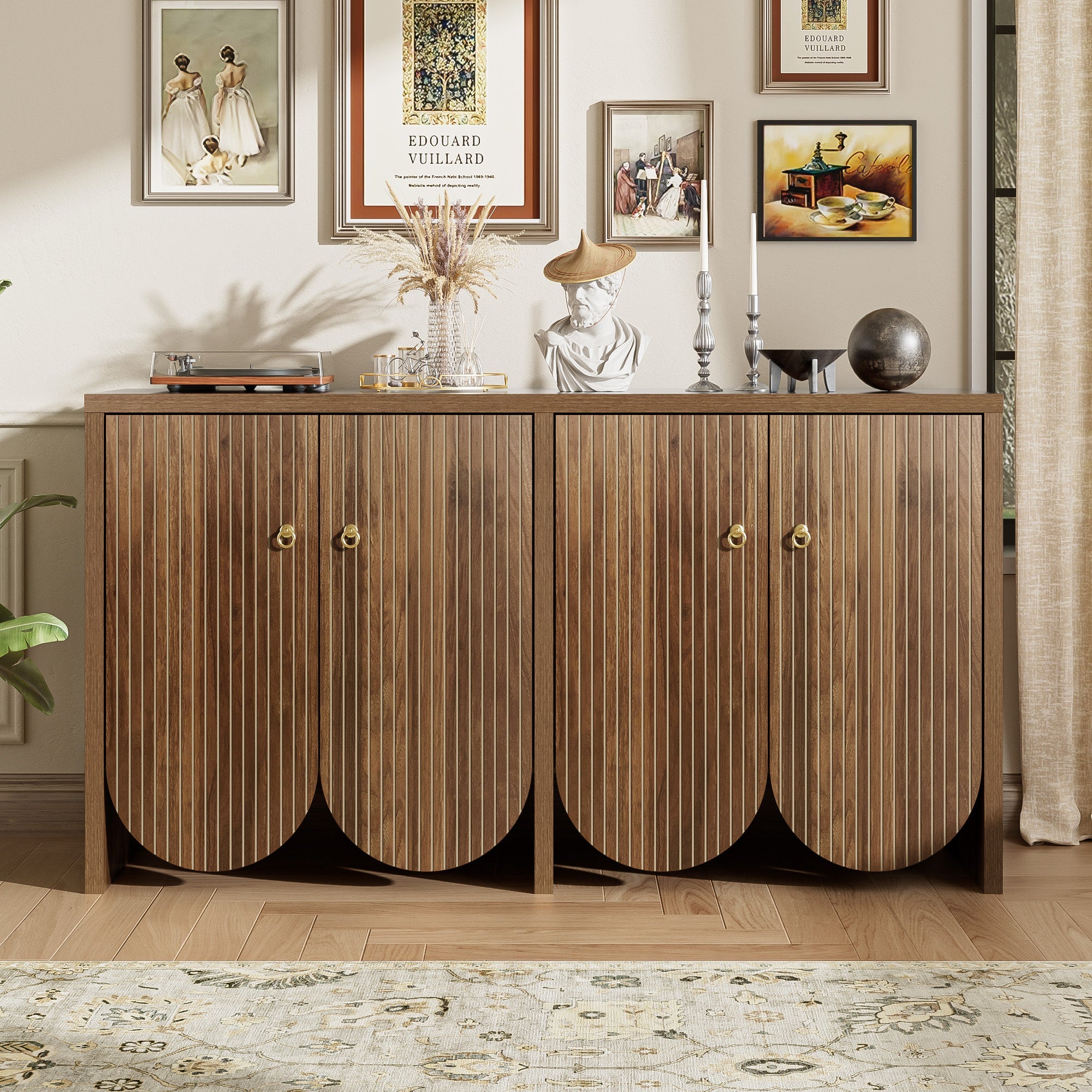 Sideboard Storage Cabinet 4 Doors Adjustable Shelves, Walnut Finish